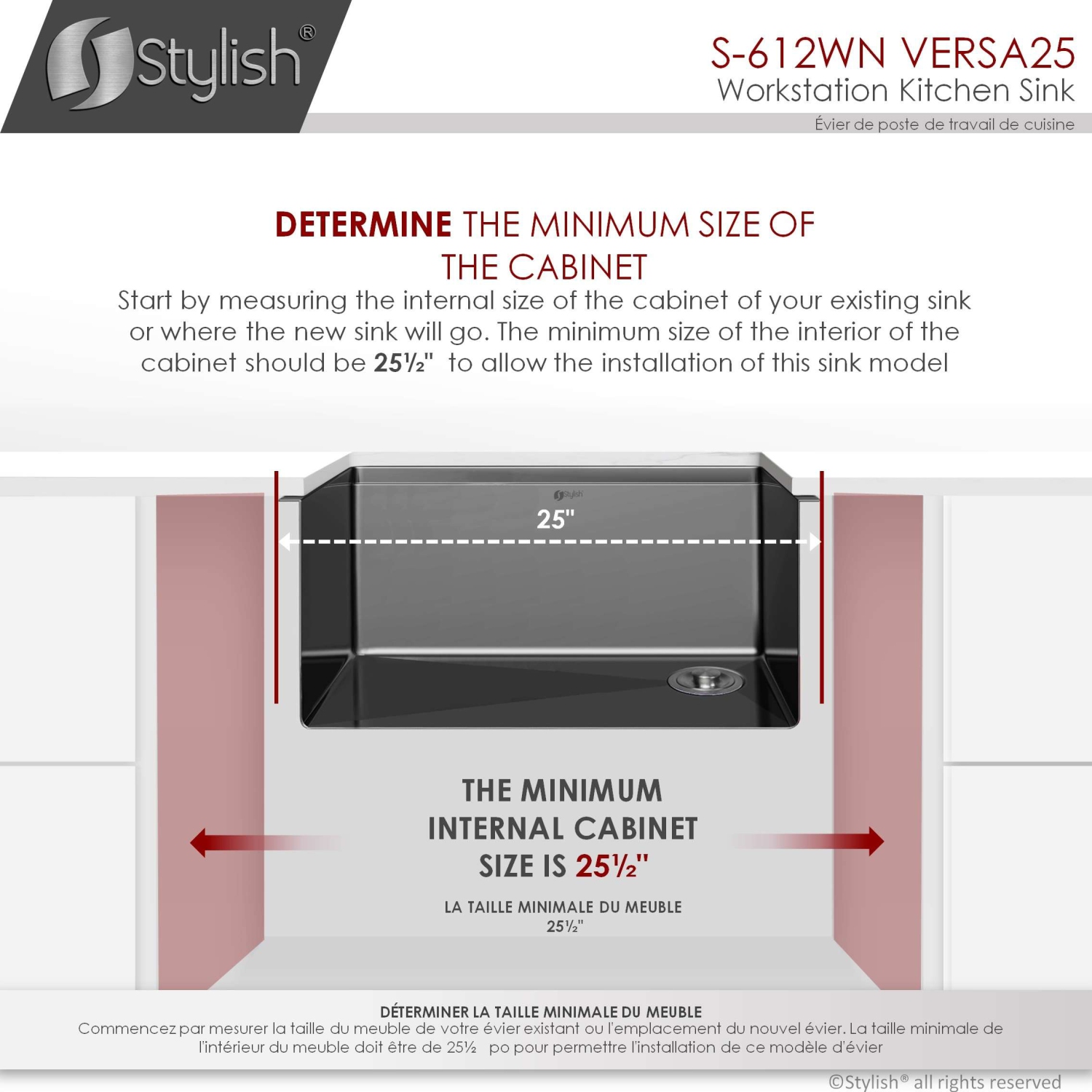 Stylish Undermount Workstation 25" Graphite Black Single Bowl Stainless Steel Kitchen Sink with built-in Accessories, S-612WN