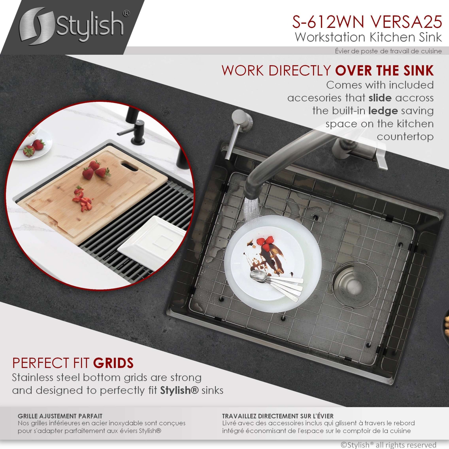 Stylish Undermount Workstation 25" Graphite Black Single Bowl Stainless Steel Kitchen Sink with built-in Accessories, S-612WN