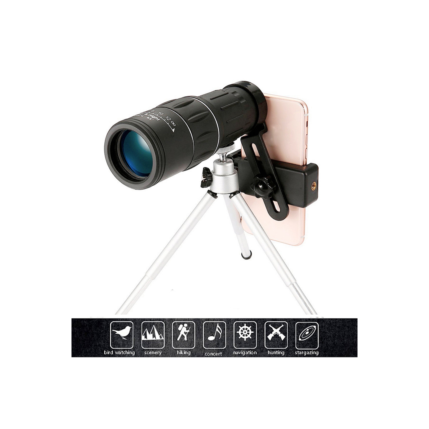 Classier 16x52 Zoom HD Smartphone Monocular Telescope Lens Hiking Scope black