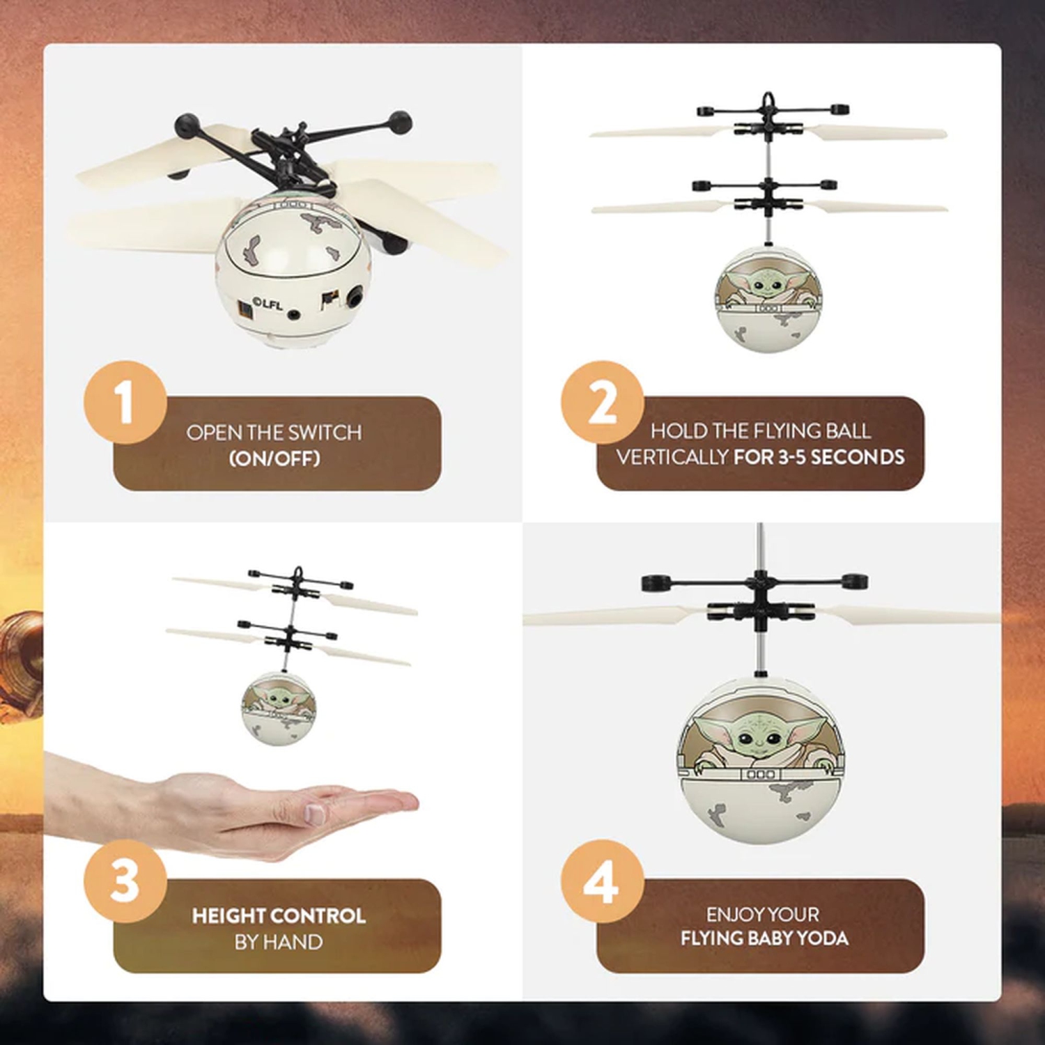 Star Wars The Mandalorian Baby Yoda "The Child" Groku Printed Motion Sensing UFO Ball Helicopter