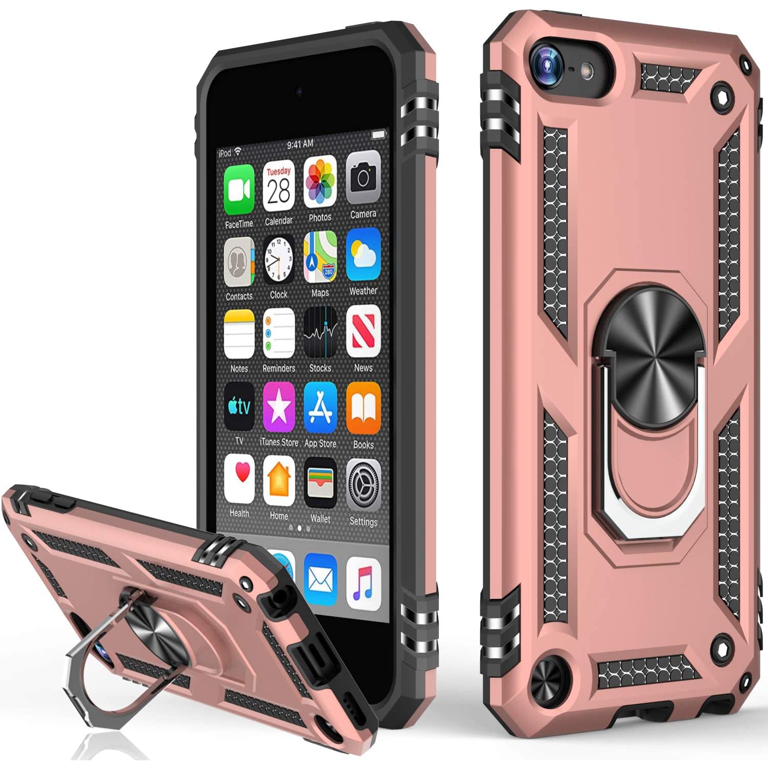 【CSmart】 Anti-Drop Hybrid Magnetic Hard Armor Case with Ring Holder for iPod Touch 5 / 6 / 7, Rose Gold