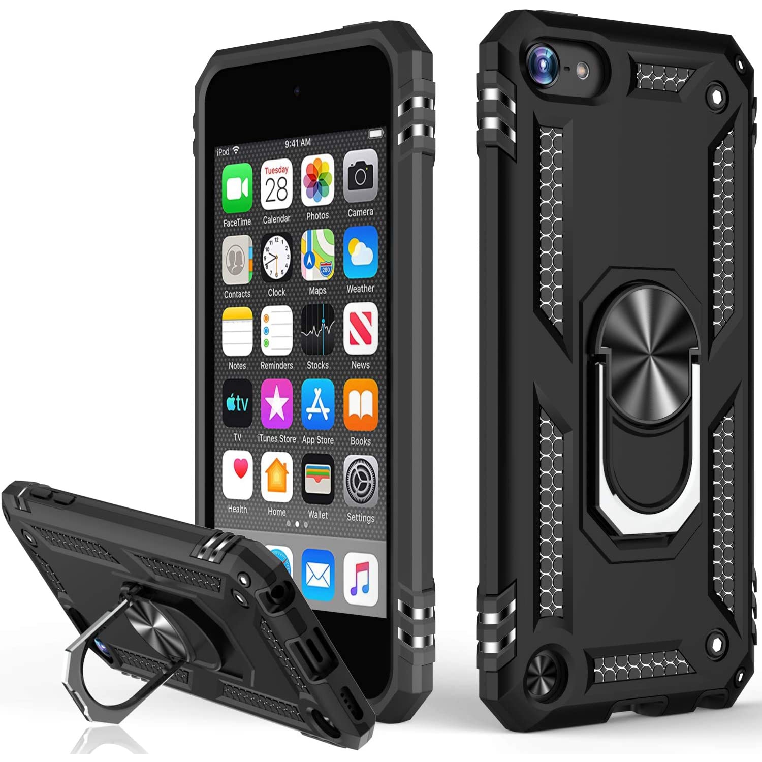 【CSmart】 Anti-Drop Hybrid Magnetic Hard Armor Case with Ring Holder for iPod Touch 5 / 6 / 7, Black