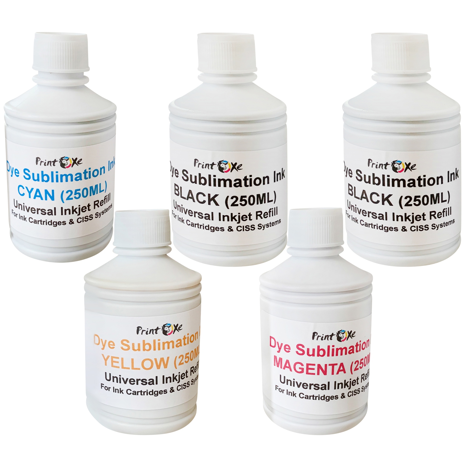 PRINTOXE® Sublimation Ink 5 Refill Bottles (Set+Black) Universal Use Each Bottle 250ML For Printers Clothing and Many Others