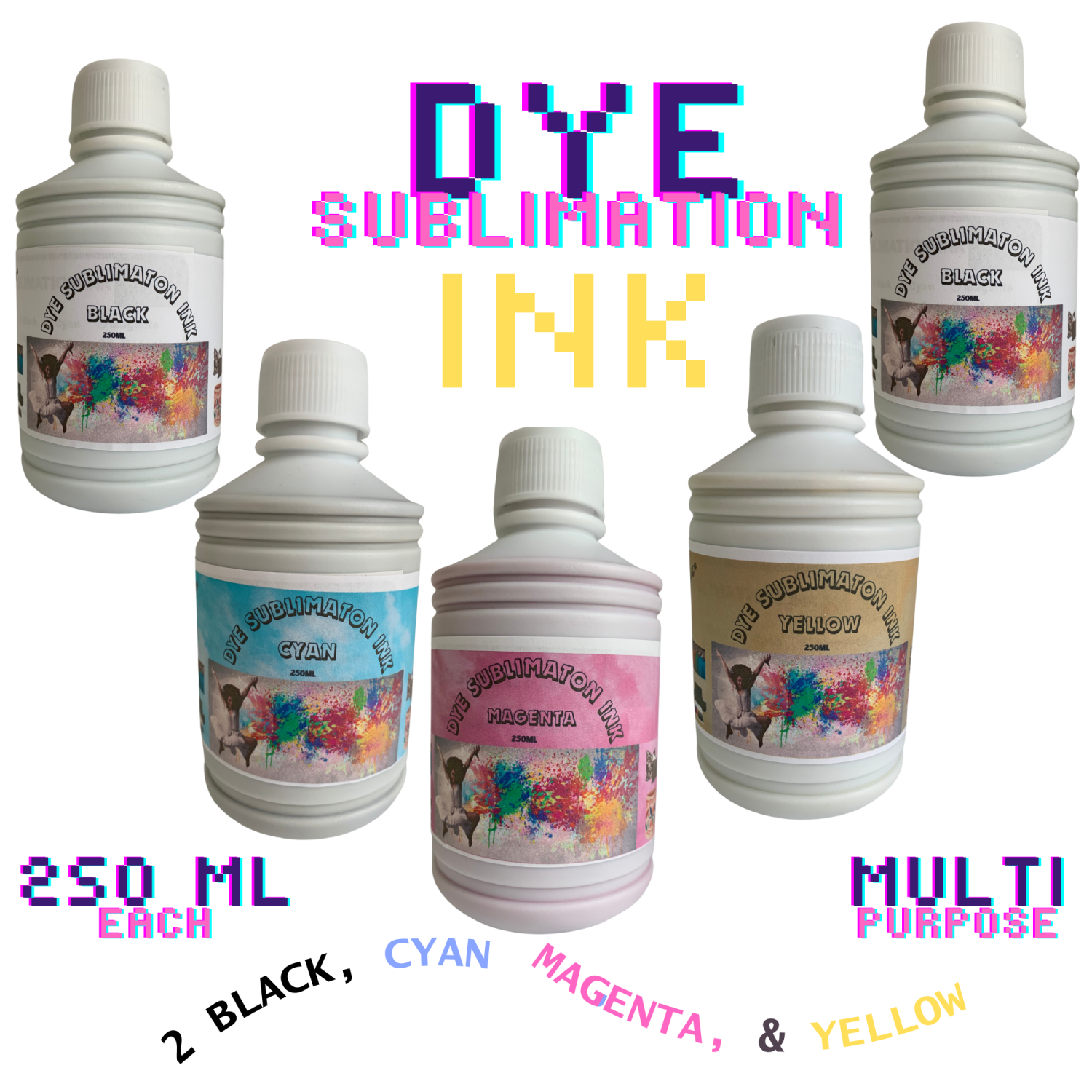 PRINTOXE® Sublimation Ink 5 Refill Bottles Universal Use Each Bottle 250ML For Printers Clothing and Many Others