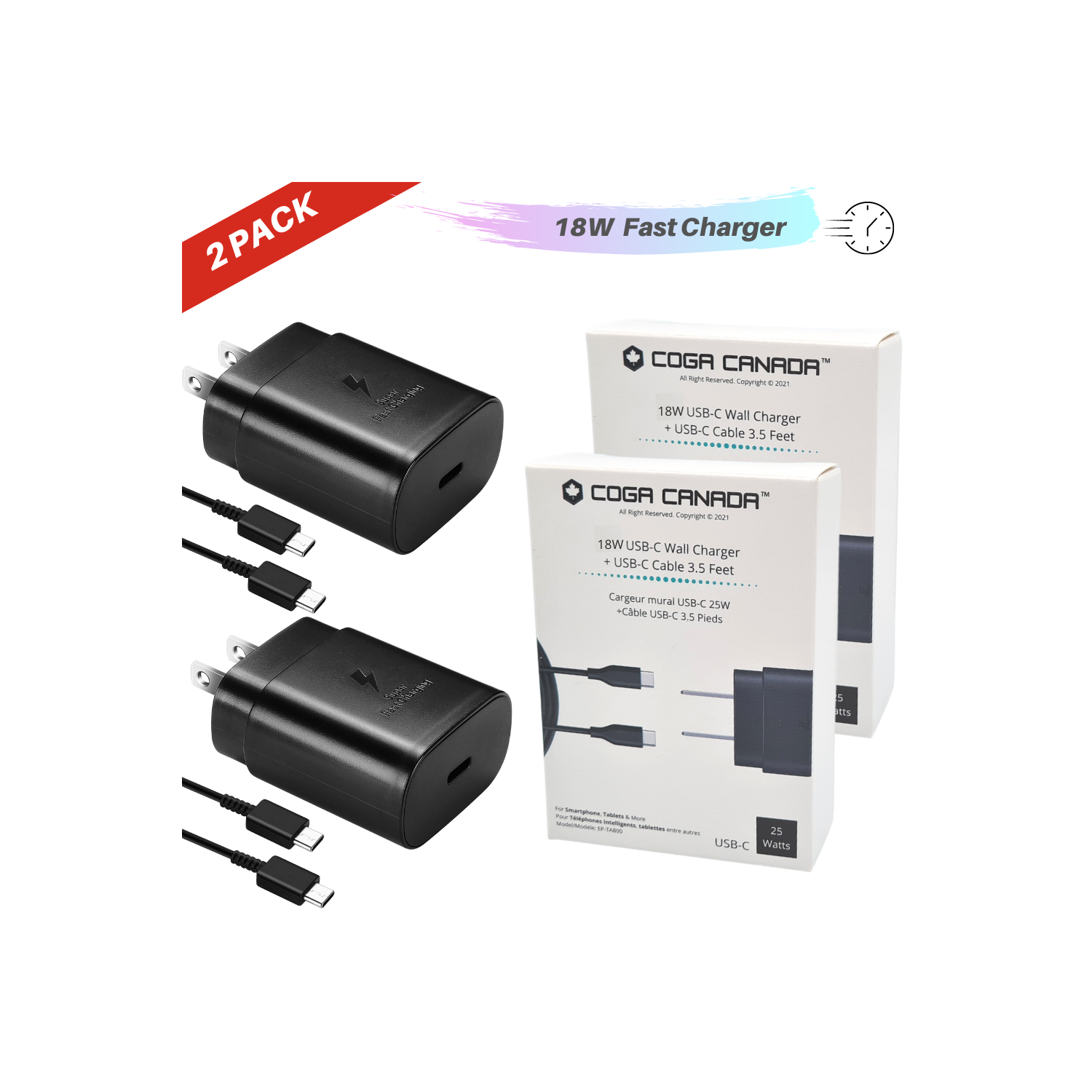 COGA Canada - [2 PACK] - 18W Super Fast Wall Charger + USB-C 3.5 Cable Samsung Galaxy S20/S21/S21+/S21Ultra/S10 5G /Note 10/Note 10 Plus/Note 20/S9 S8/S10e,iPad Pro 12.9/11,Google Pixel 3a 4 3 2 XL