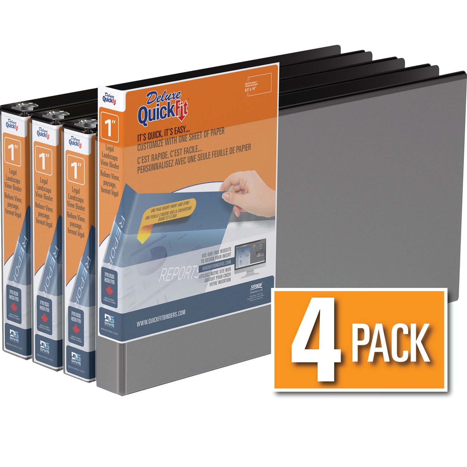Davis Group QuickFit® Heavy Duty Round Ring Legal Landscape Spreadsheet View Binder, 4 Pack, 1" - Black