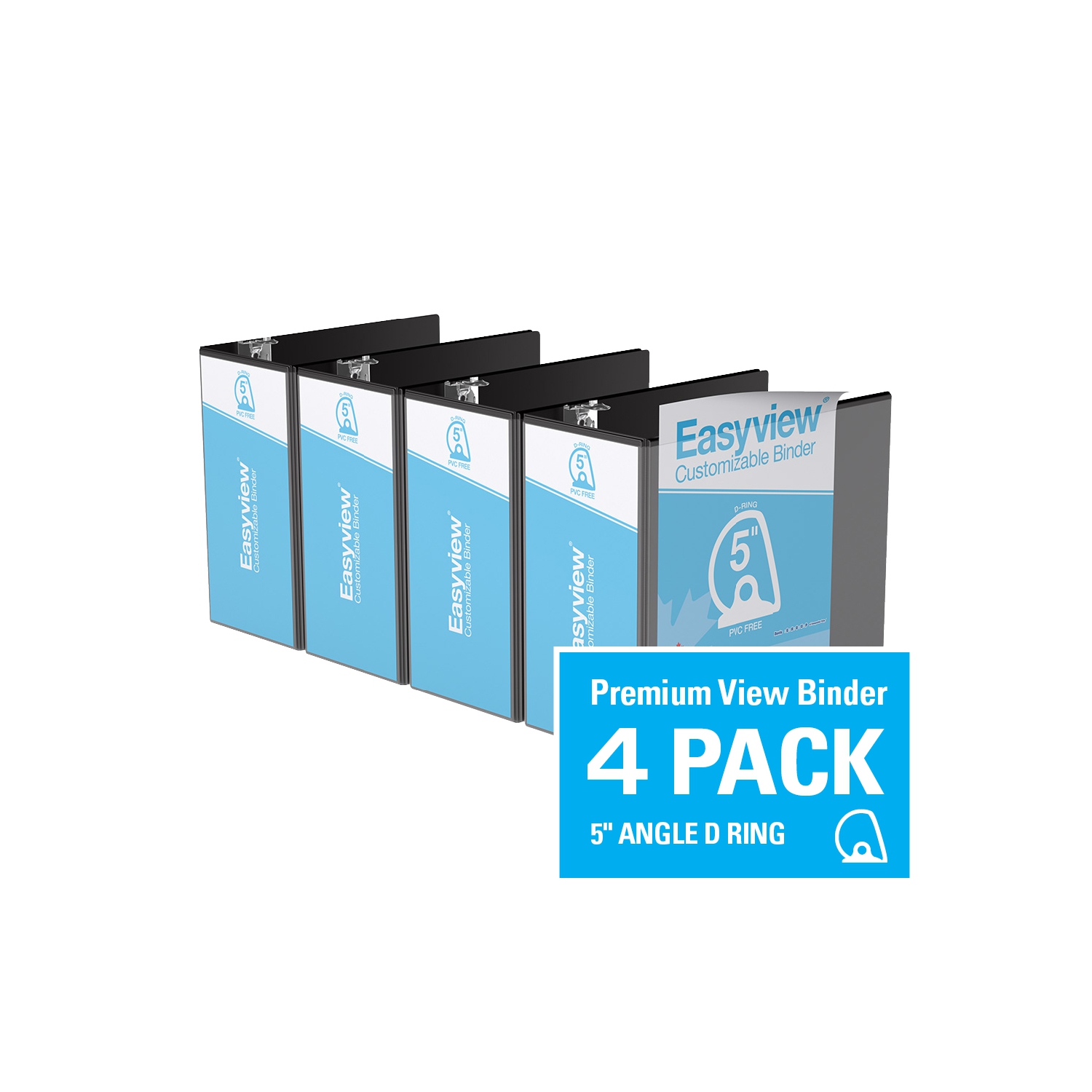Davis Group Easyview® Premium D Ring Customizable View Binder, 4 Pack, 5" - Black