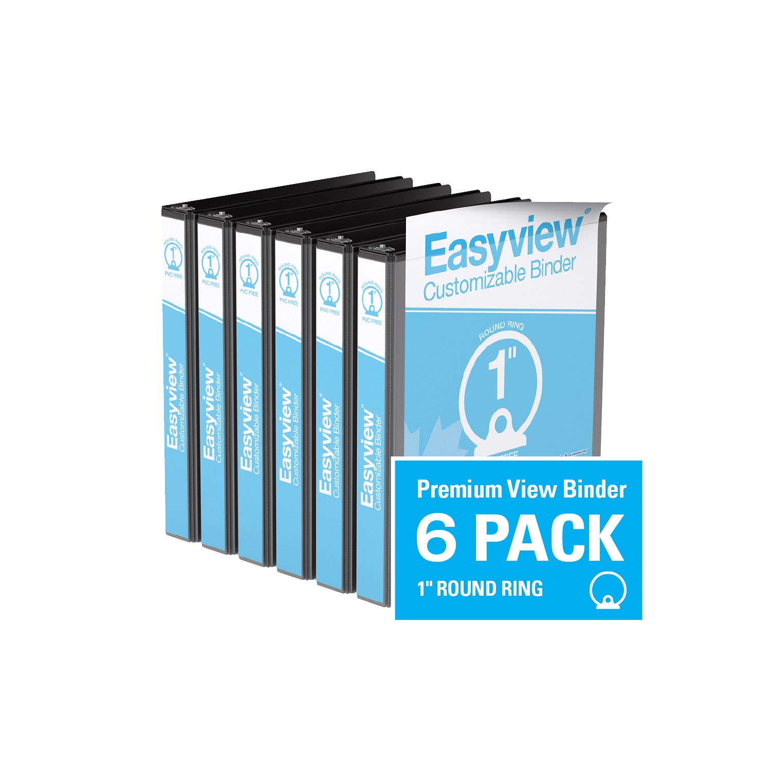 Davis Group Easyview® Premium Round Ring Customizable View Binder, 6 Pack, 1" - Black