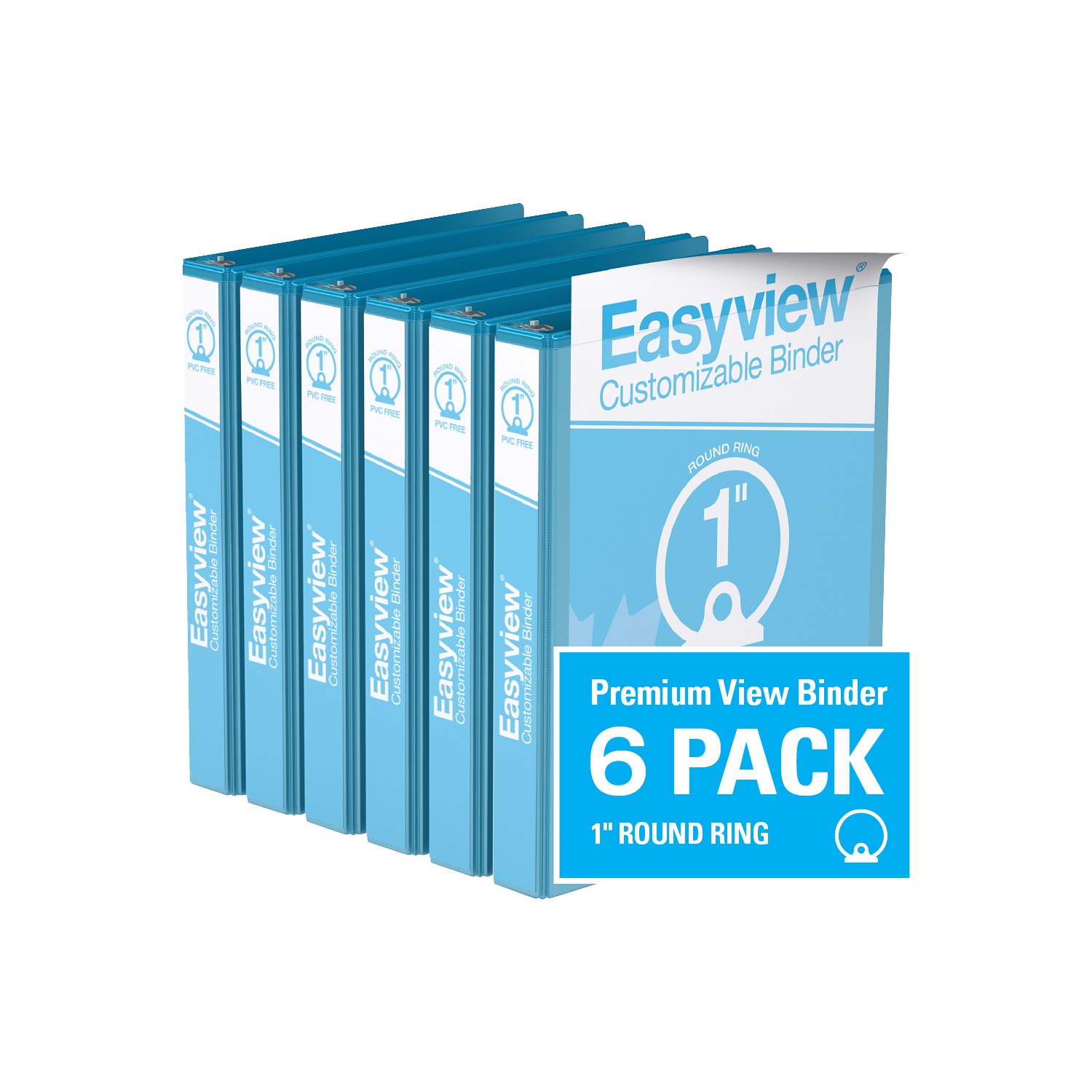 Davis Group Easyview® Premium Round Ring Customizable View Binder, 6 Pack, 1" - Turquoise Blue