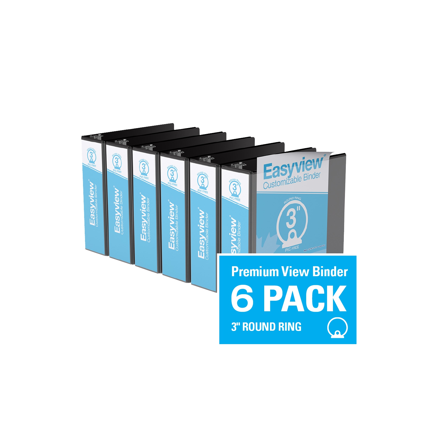 Davis Group Easyview® Premium Round Ring Customizable View Binder, 6 Pack, 3" - Black