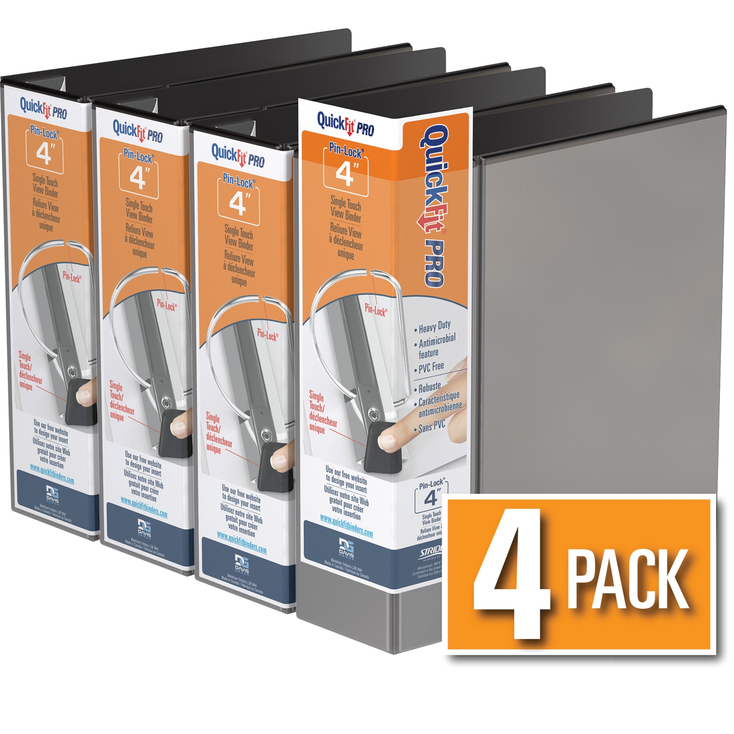 Davis Group Davis Group QuickFit® Pro Heavy Duty Single Touch Pin-Lock® View Binder, 4 Pack, 4" - Black
