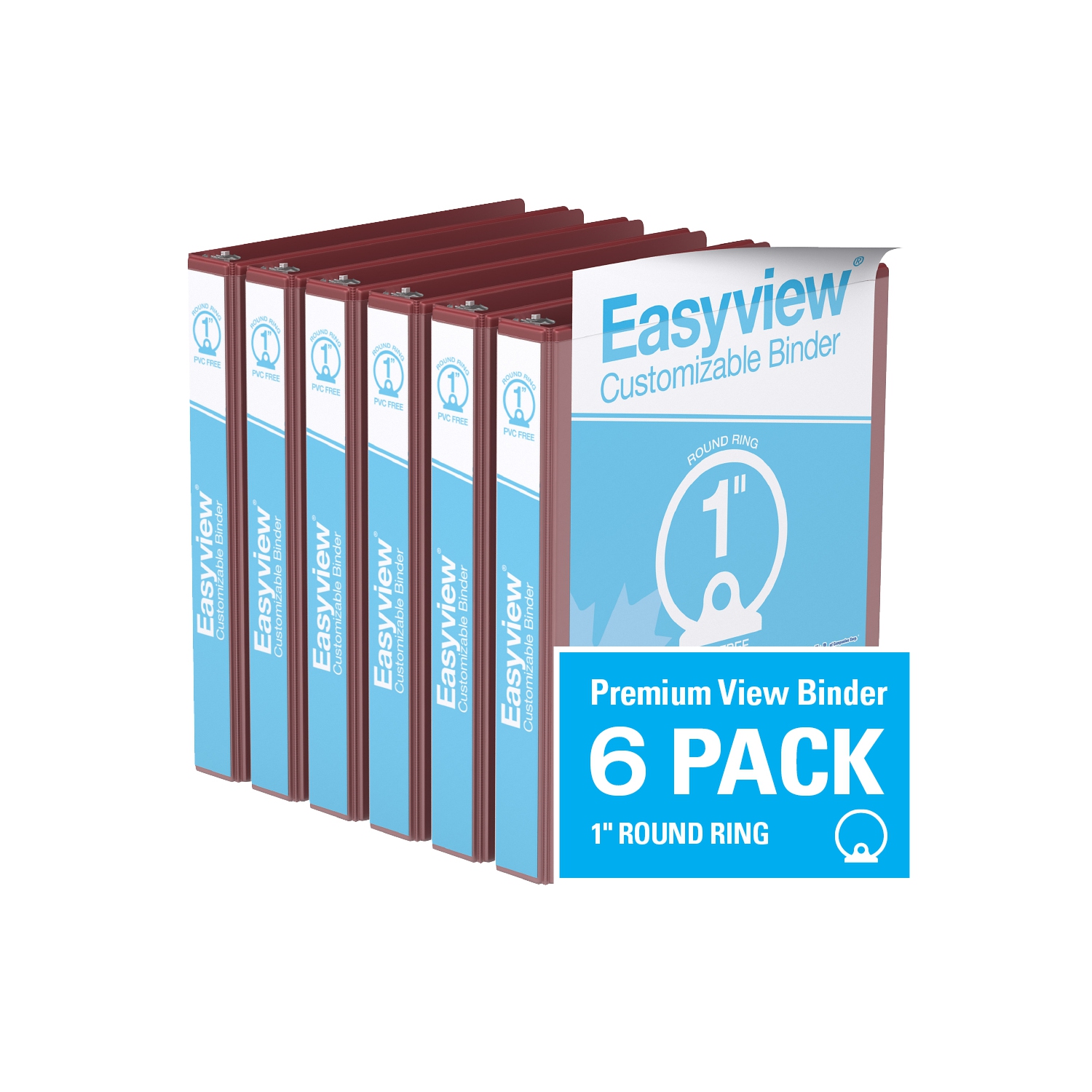 Davis Group Easyview® Premium Round Ring Customizable View Binder, 6 Pack, 1" - Burgundy