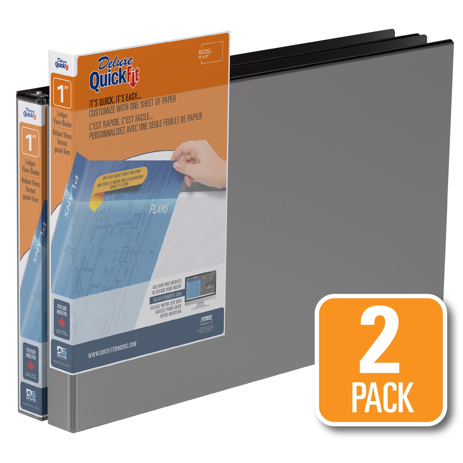 Davis Group QuickFit® 11 x 17 Heavy Duty D Ring Spreadsheet View Binder, 2 Pack, 1" - Black
