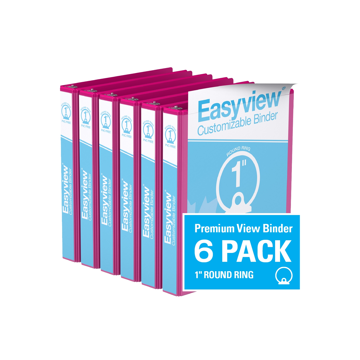 Davis Group Easyview® Premium Round Ring Customizable View Binder, 6 Pack, 1" - Pink