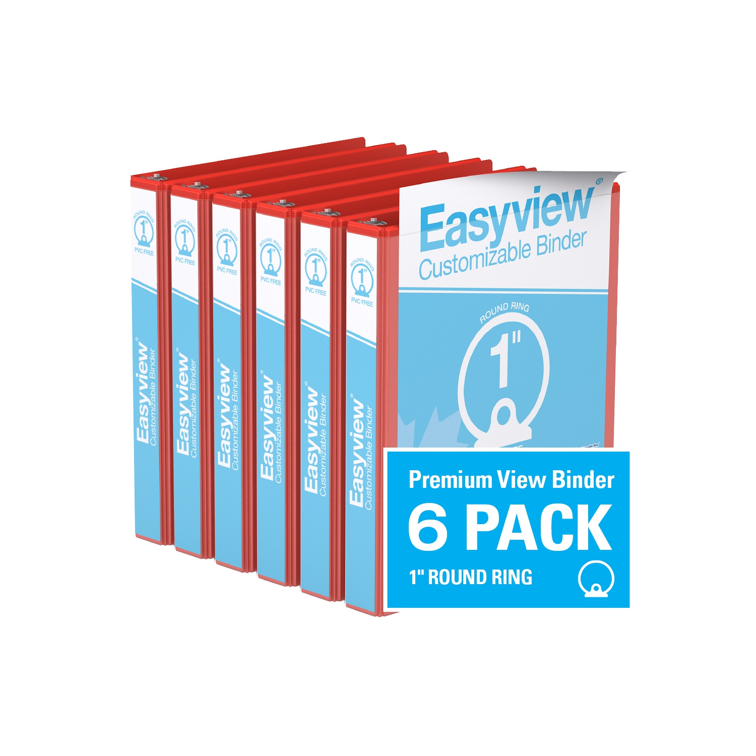 Davis Group Easyview® Premium Round Ring Customizable View Binder, 6 Pack, 1" - Red