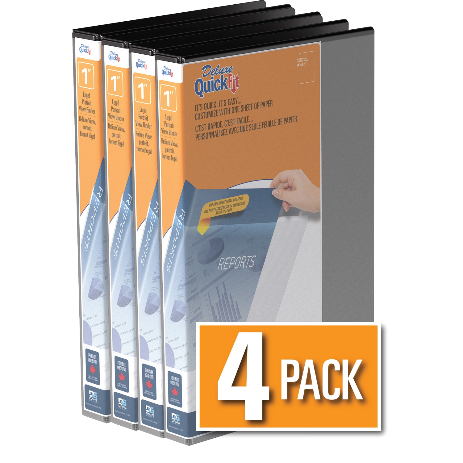 Davis Group QuickFit® Heavy Duty Round Ring Legal Portrait Spreadsheet View Binder, 4 Pack, 1" - Black