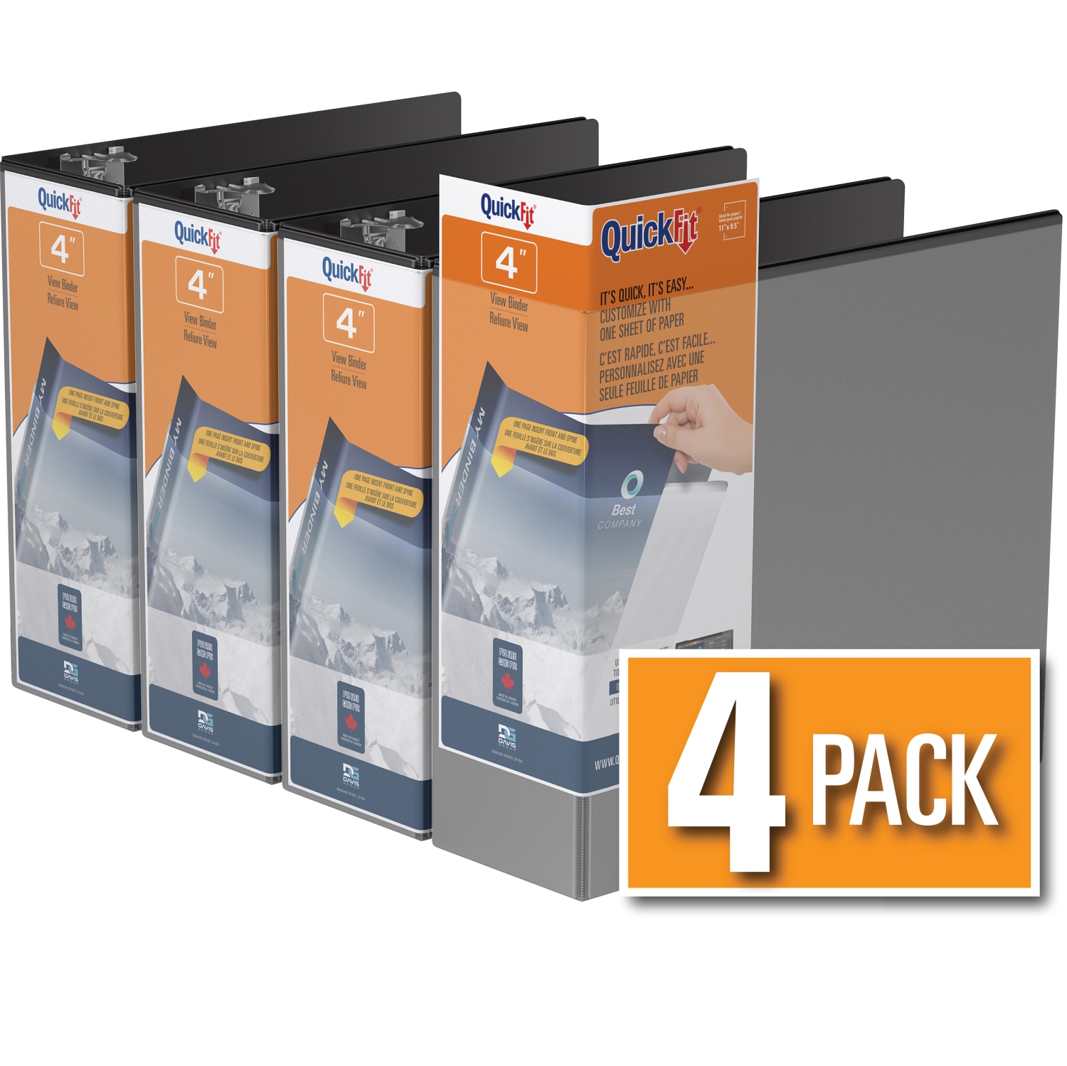 Davis Group Davis Group QuickFit® View Binder D Ring, 4 Pack, 4" - BLACK
