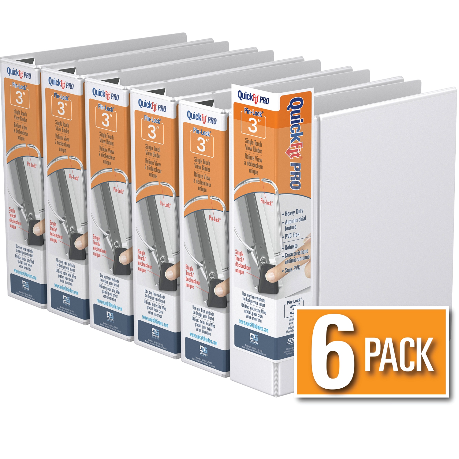 Davis Group Davis Group QuickFit® Pro Heavy Duty Single Touch Pin-Lock® View Binder, 6 Pack, 3" - White