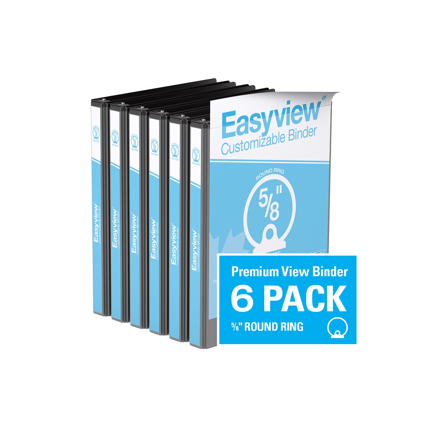 Davis Group Easyview® Premium Round Ring Customizable View Binder, 6 Pack, 5/8"- Black