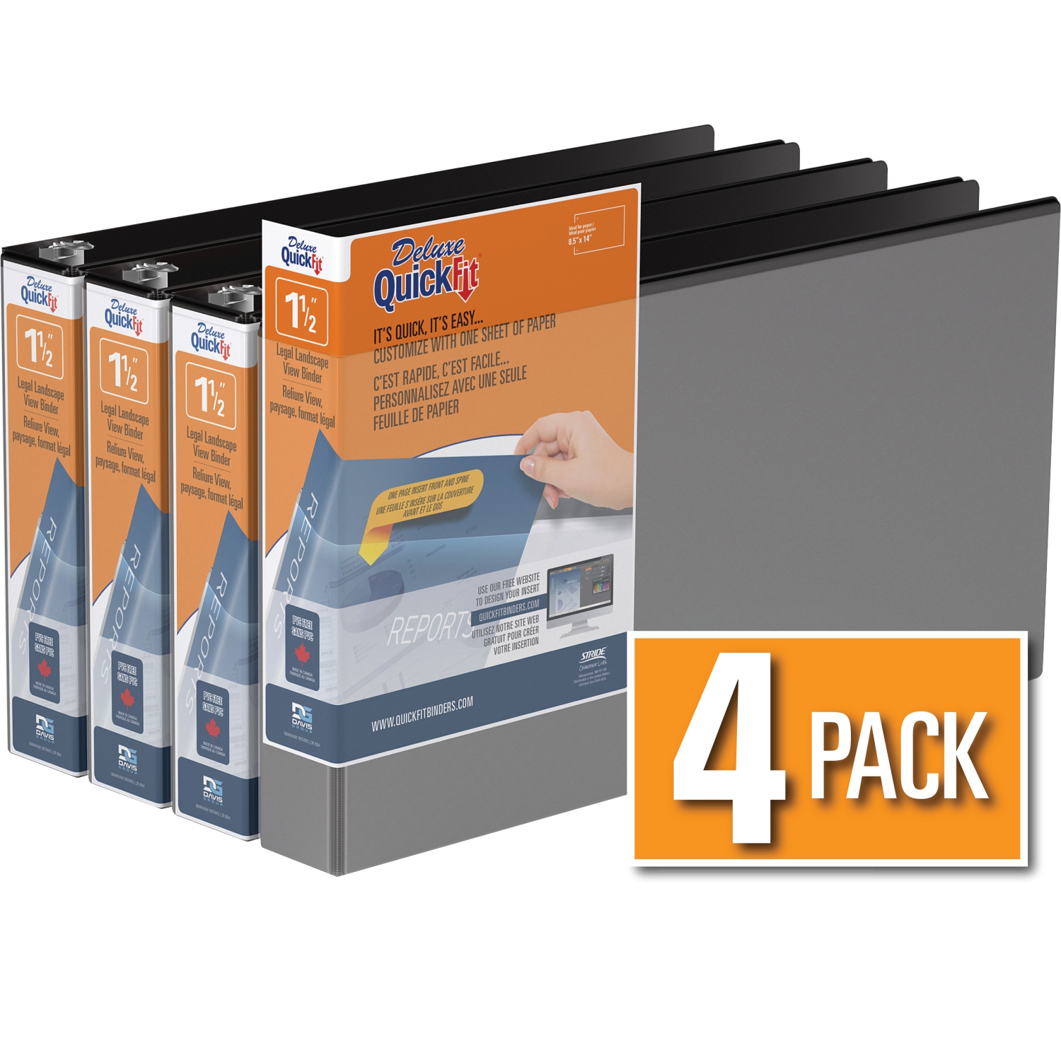 Davis Group QuickFit® Heavy Duty Round Ring Legal Landscape Spreadsheet View Binder, 4 Pack, 1.5" - Black