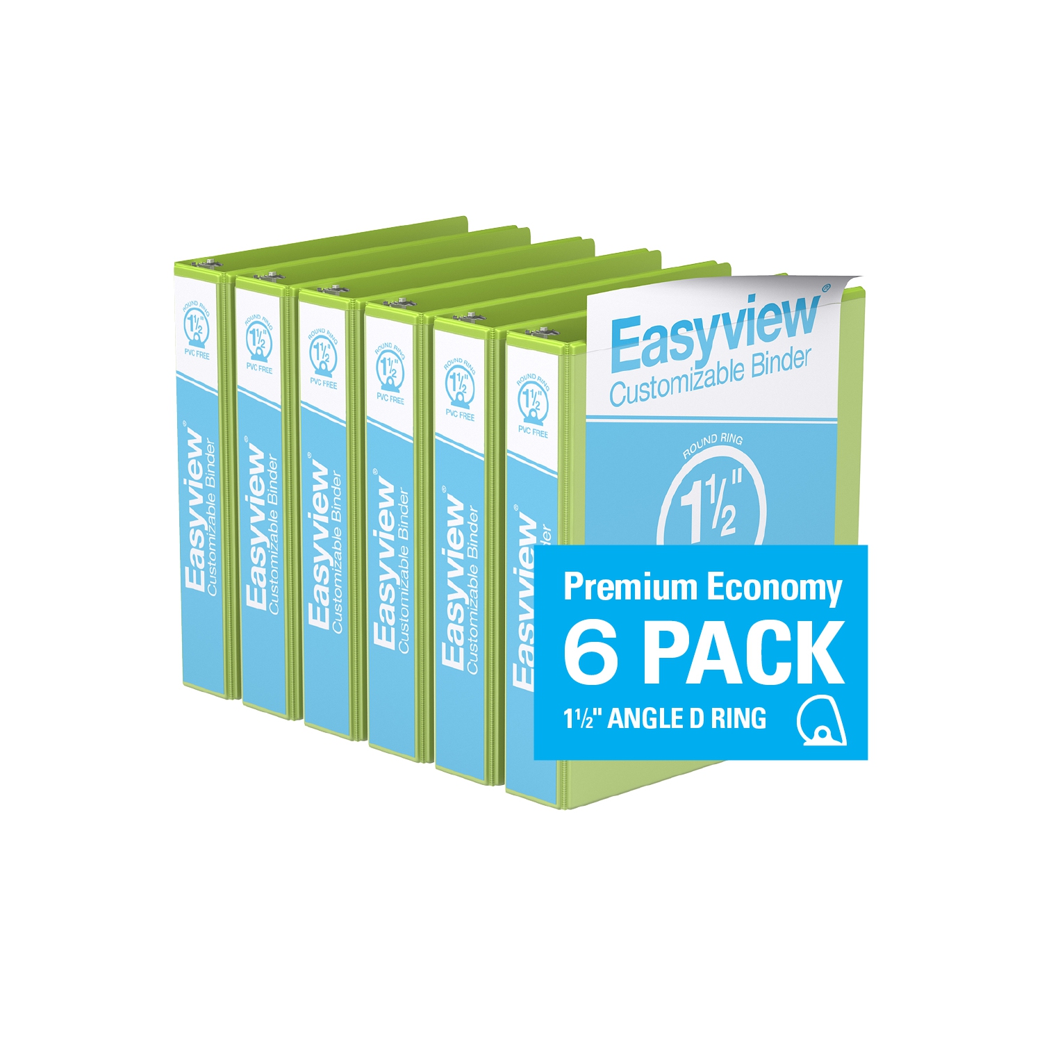 Davis Group Easyview® Premium Round Ring Customizable View Binder, 6 Pack, 1.5" - Lime Green