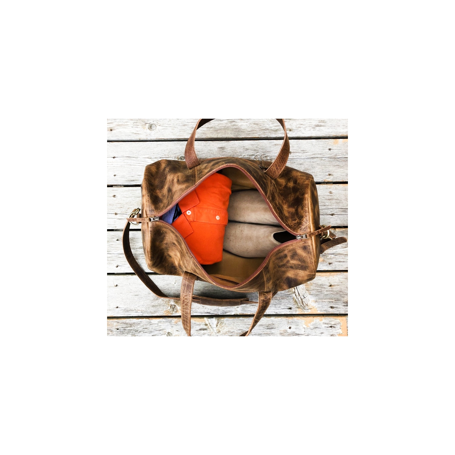 HIDES Travel Leather Gym Duffle Bag 20", Saddle Brown