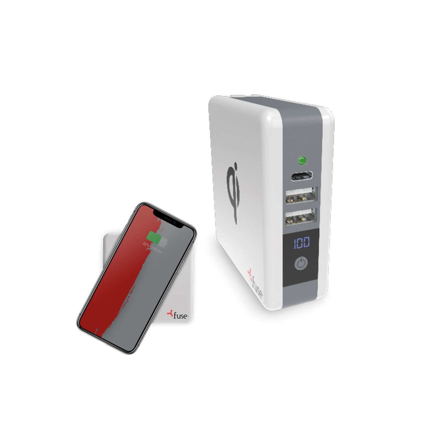 Fuse - 3 in 1 Qi Charger 5Watt / 6700mAh PowerBank / 3Port Wall Charger - 1 USB-C 3Amp, 2 USB-A 2.4Amps, Folding Prong White