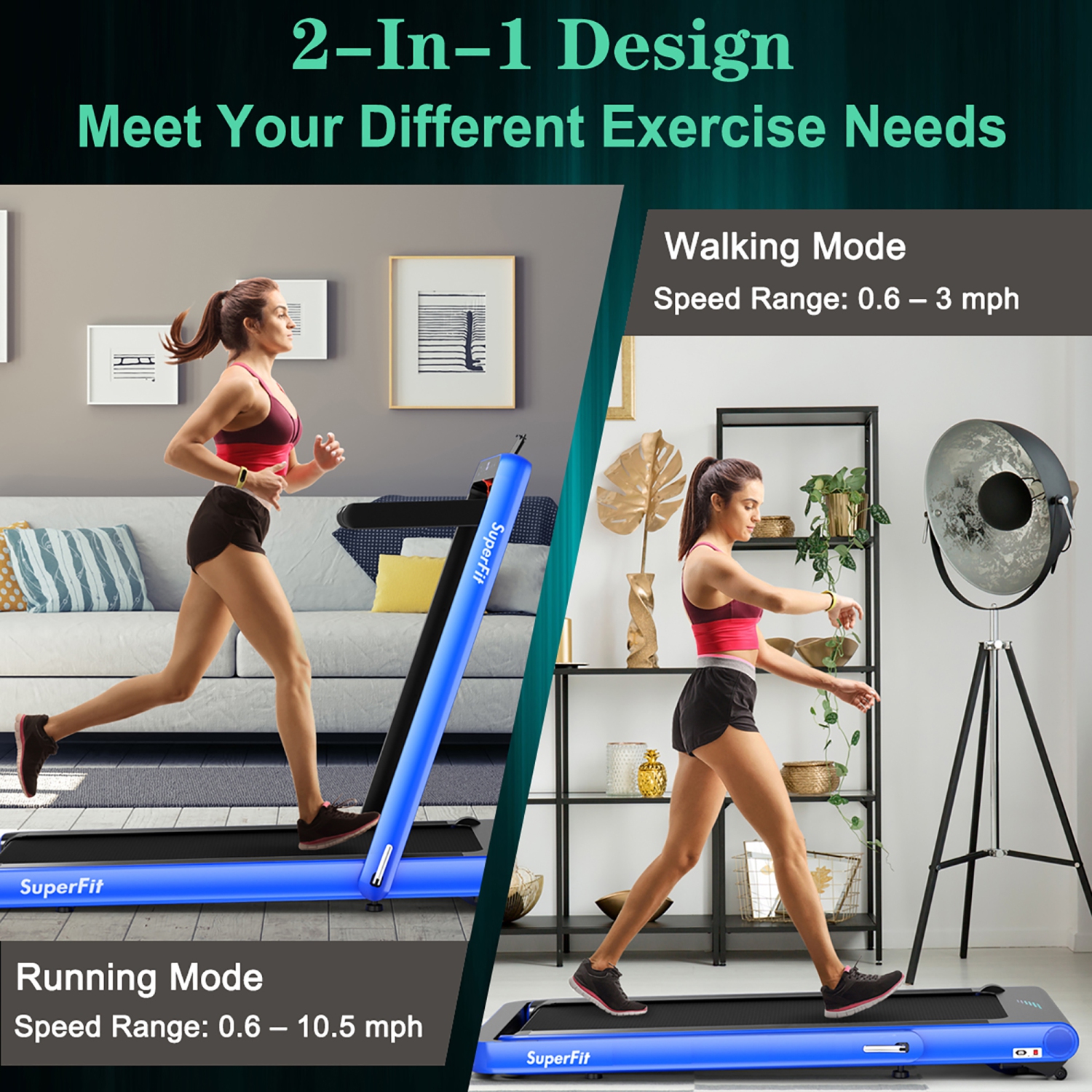 SuperFit 4.75HP 2 In 1 Folding Treadmill W/Remote APP Control Bluetooth