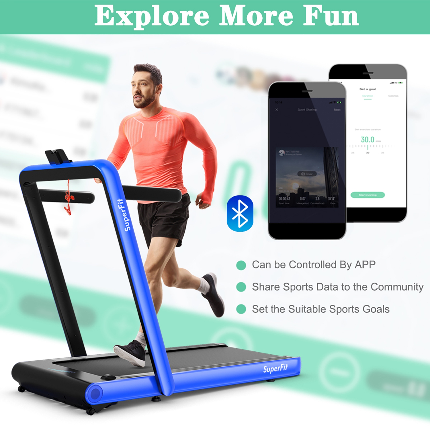 SuperFit 4.75HP 2 In 1 Folding Treadmill W/Remote APP Control Bluetooth