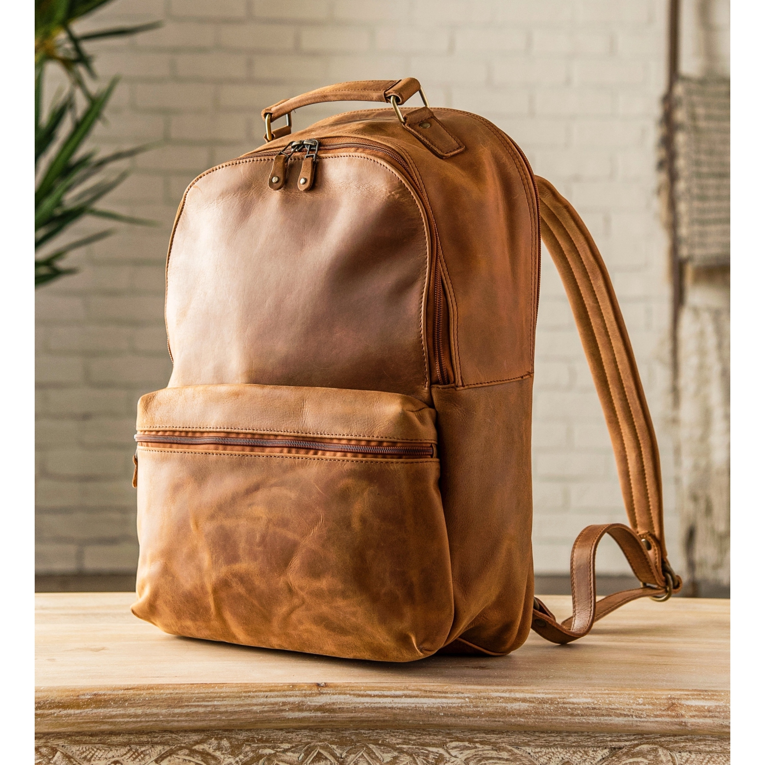 HIDES Rucksack Leather School Travel Laptop Backpack 17", Saddle Brown