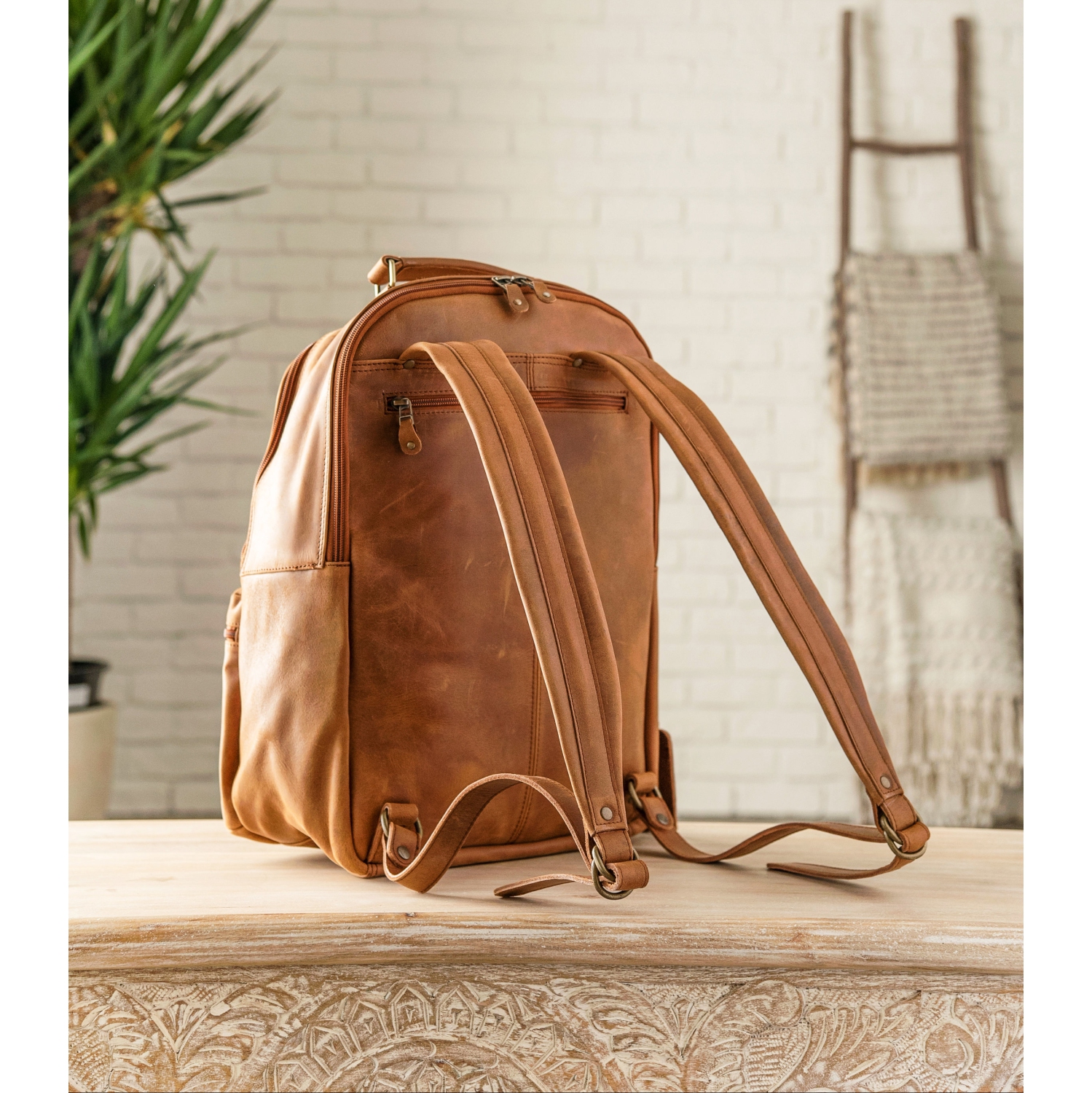 HIDES Rucksack Leather School Travel Laptop Backpack 17", Saddle Brown