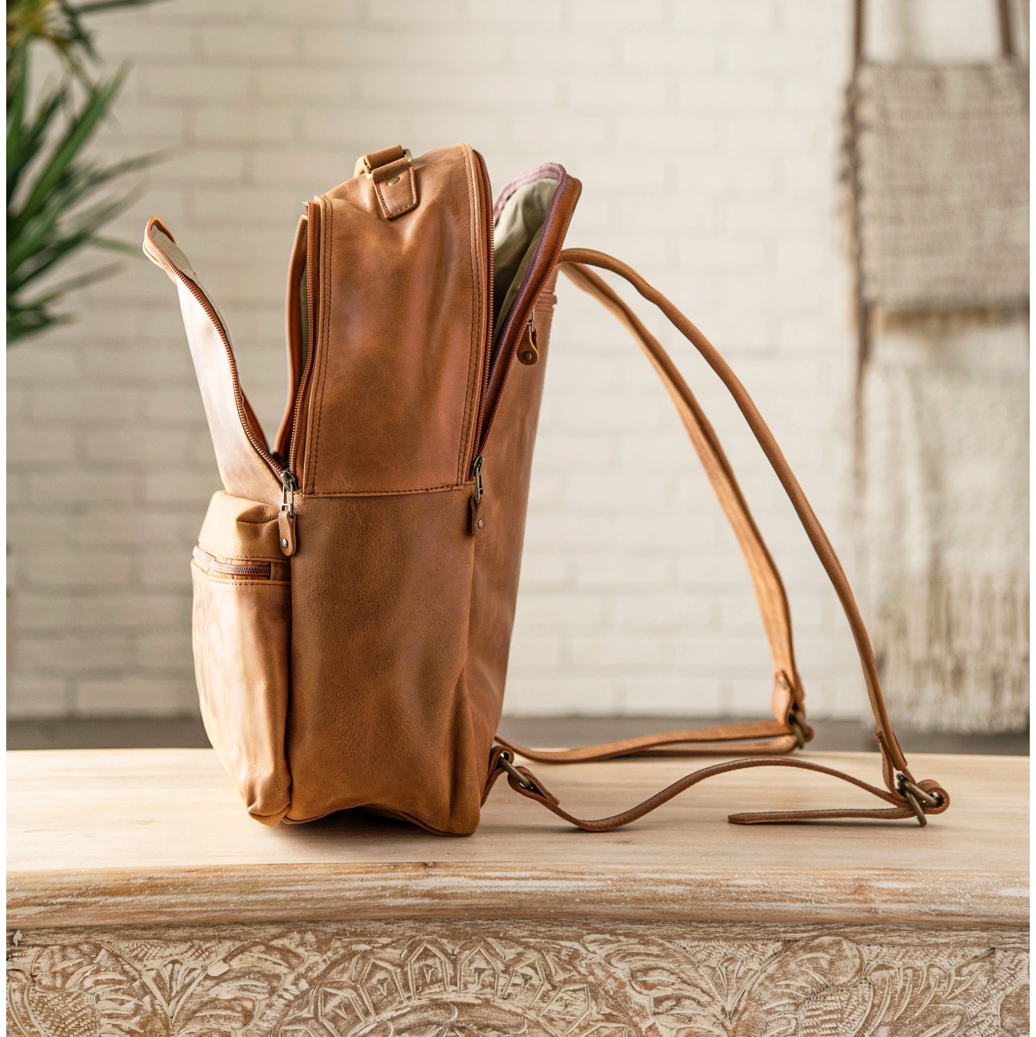 HIDES Rucksack Leather School Travel Laptop Backpack 17", Saddle Brown