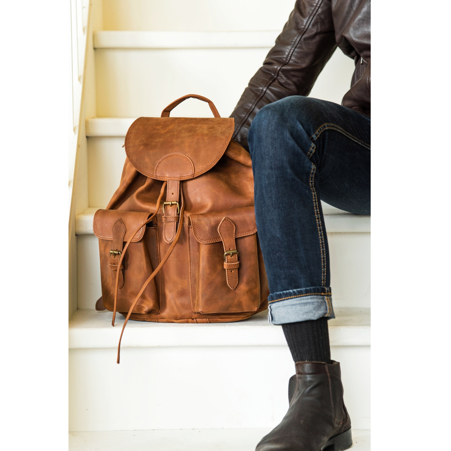 SAC à dos de voyage EN cuir LIS City, brun alezan