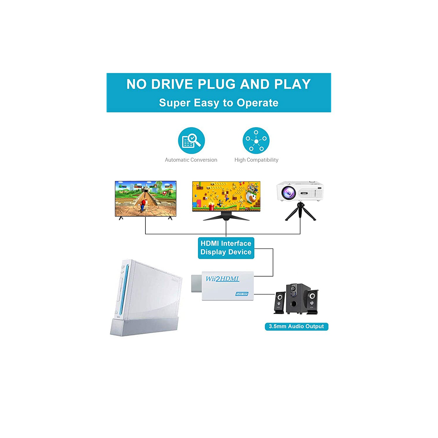 ISTAR – Câble de sortie HDMI haute vitesse pour Wii vers HDMI 1080p 3,5 mm compatible avec les téléviseurs HD Wii