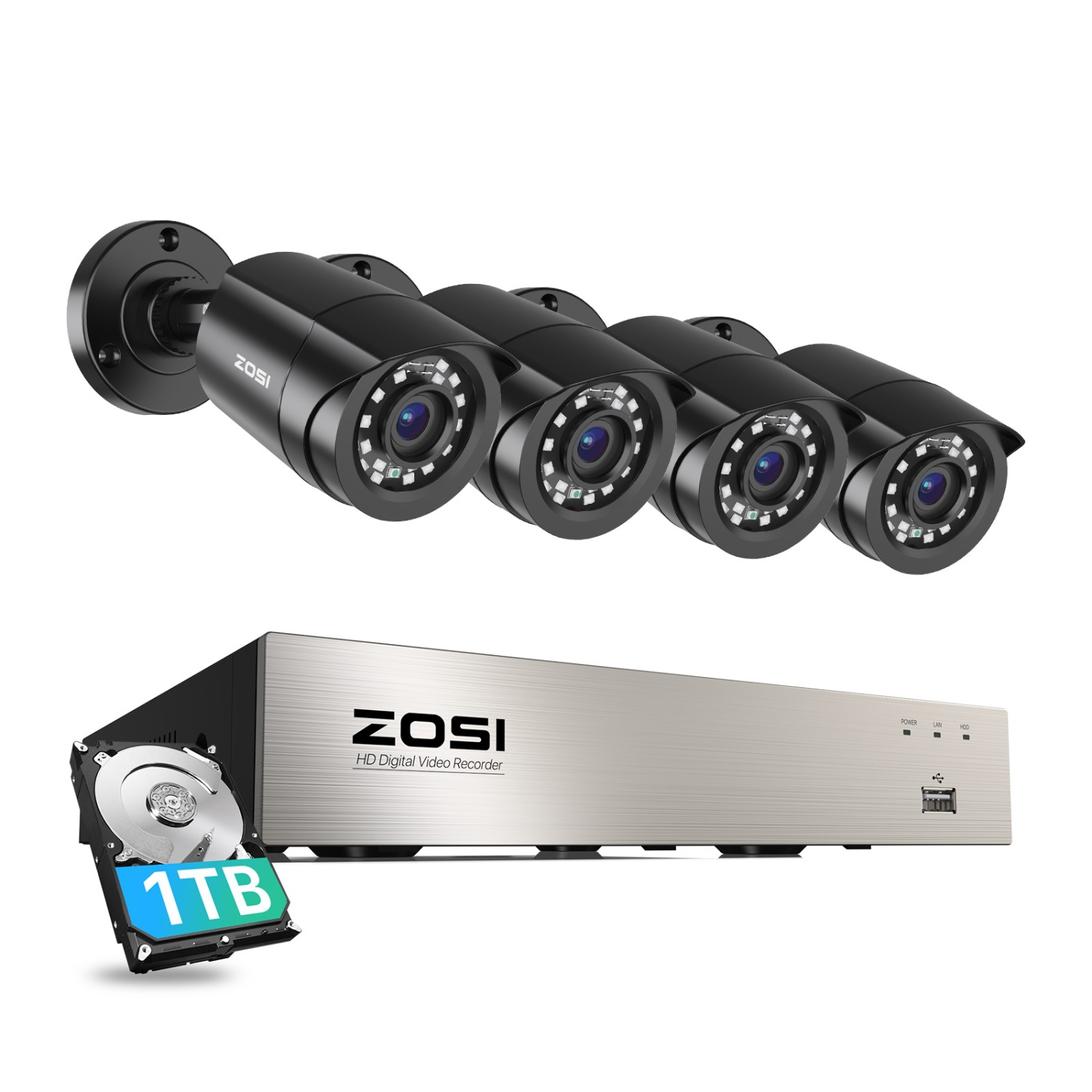 ZOSI H.265+ 8CH 5MP Lite DVR Security Camera System with 1TB HDD, 4pcs 1080p Wired Outdoor Surveillance Cameras, 80ft Night Vision, AI Human Vehicle