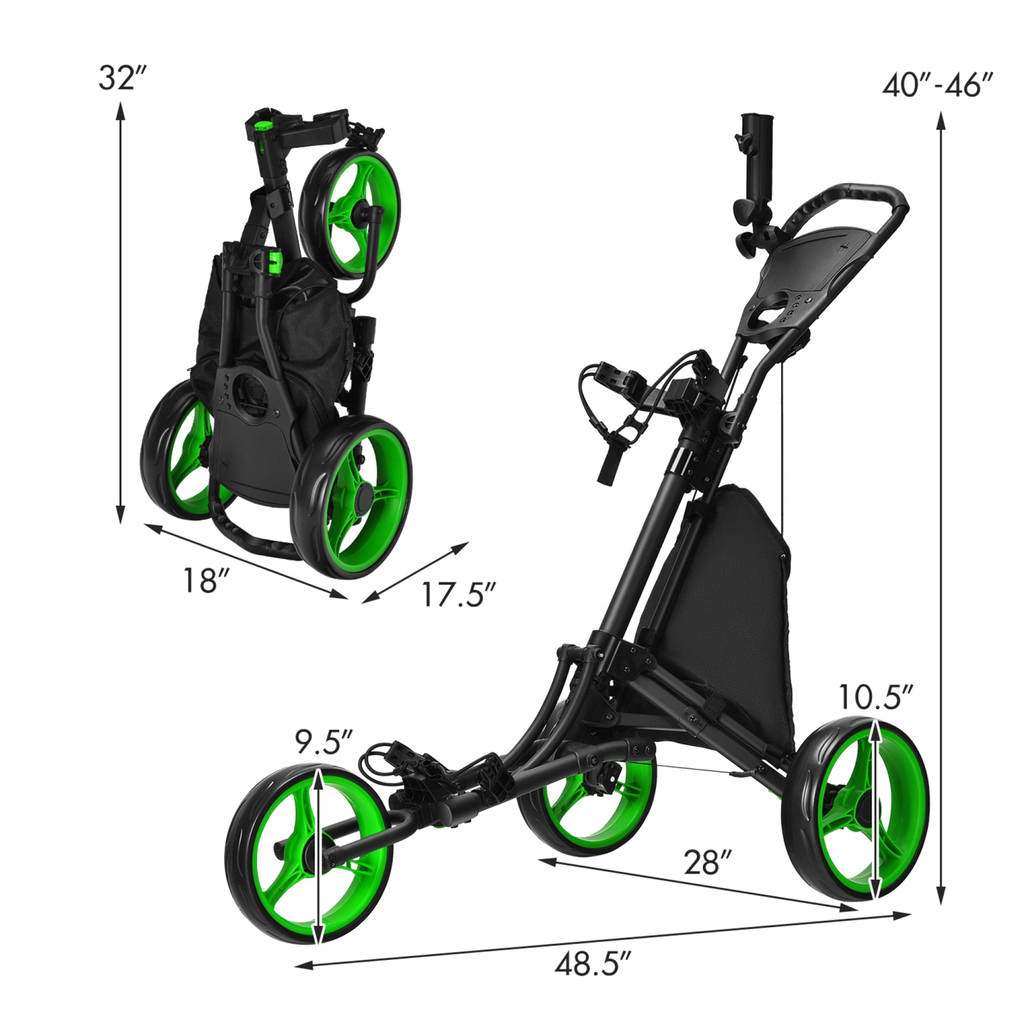 Gymax 3-Wheel Foldable Golf Push Pull Cart Trolley w/ Adjustable Handle