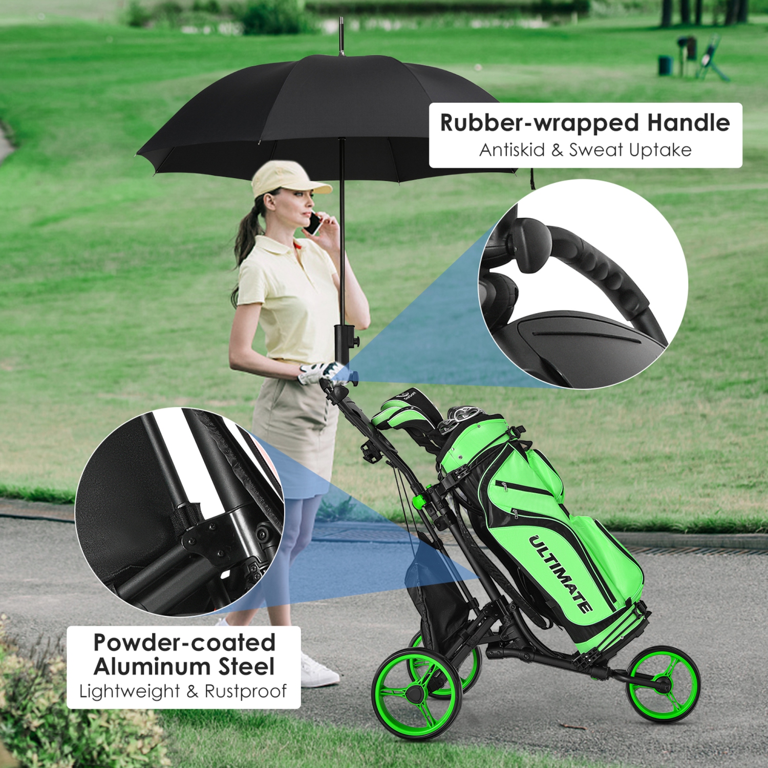 Gymax 3-Wheel Foldable Golf Push Pull Cart Trolley w/ Adjustable Handle