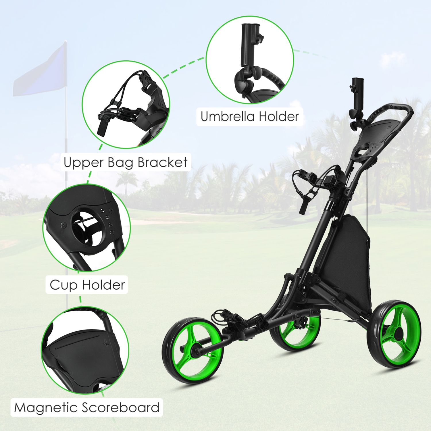 Gymax 3-Wheel Foldable Golf Push Pull Cart Trolley w/ Adjustable Handle