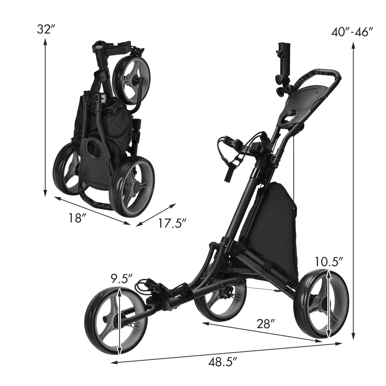 Gymax 3-Wheel Foldable Golf Push Pull Cart Trolley w/ Adjustable Handle
