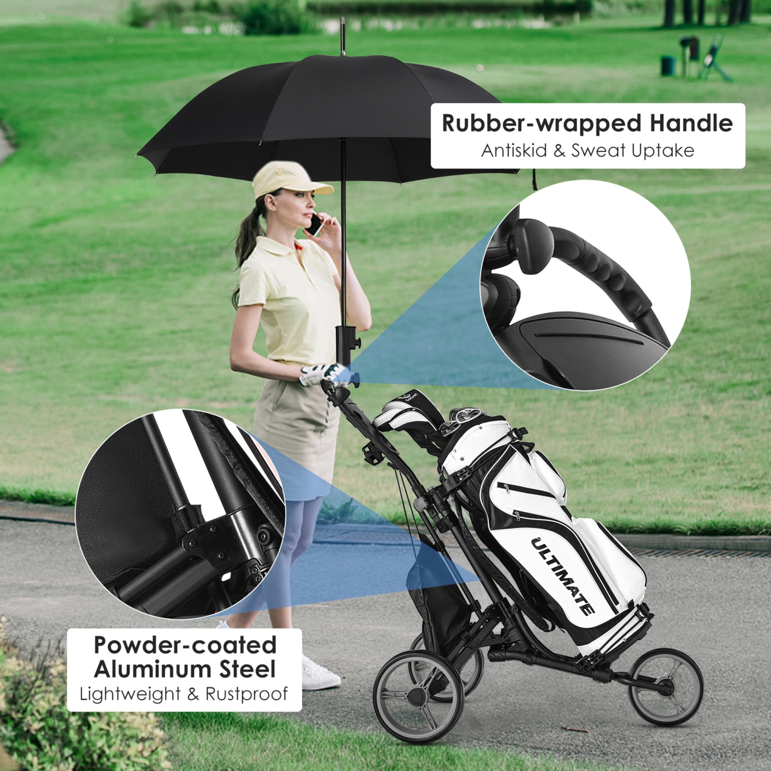 Gymax 3-Wheel Foldable Golf Push Pull Cart Trolley w/ Adjustable Handle