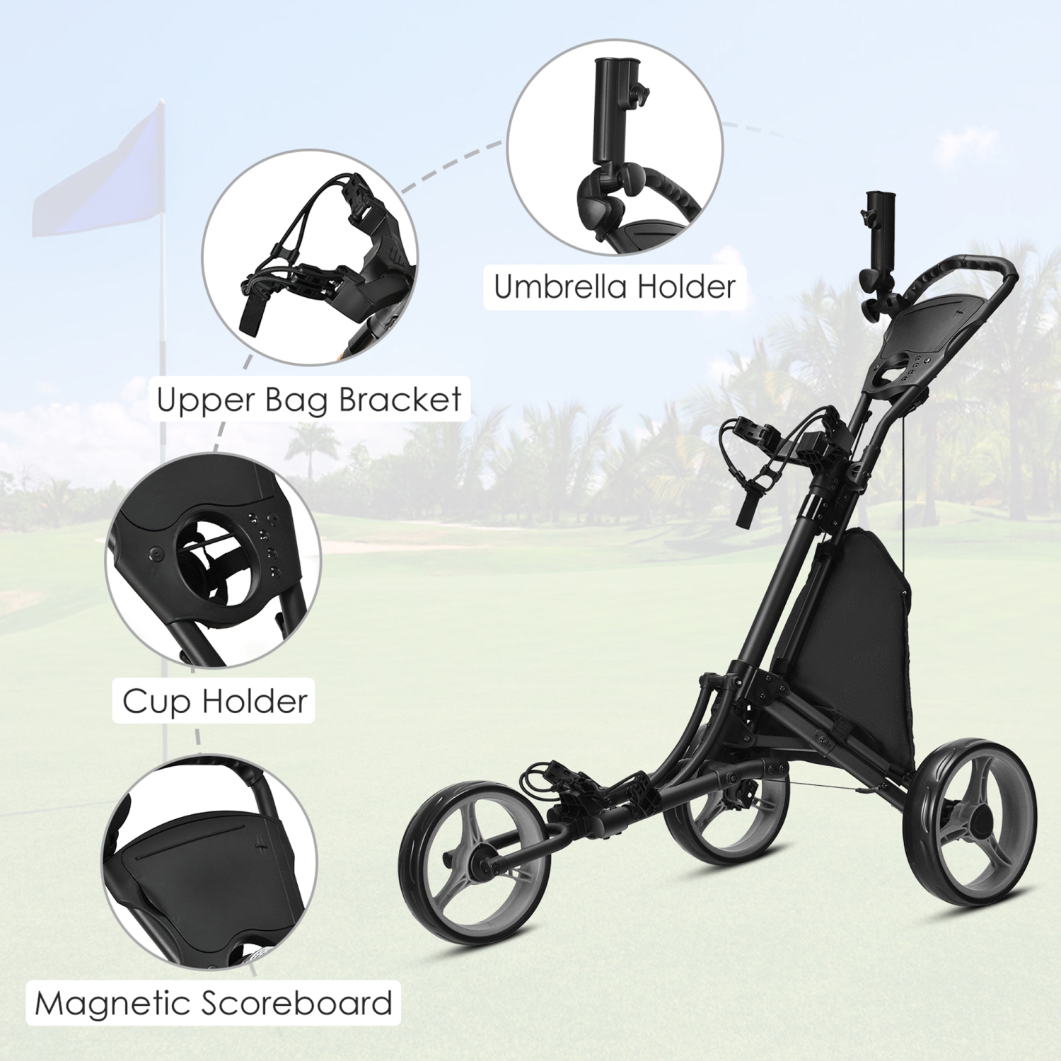 Gymax 3-Wheel Foldable Golf Push Pull Cart Trolley w/ Adjustable Handle