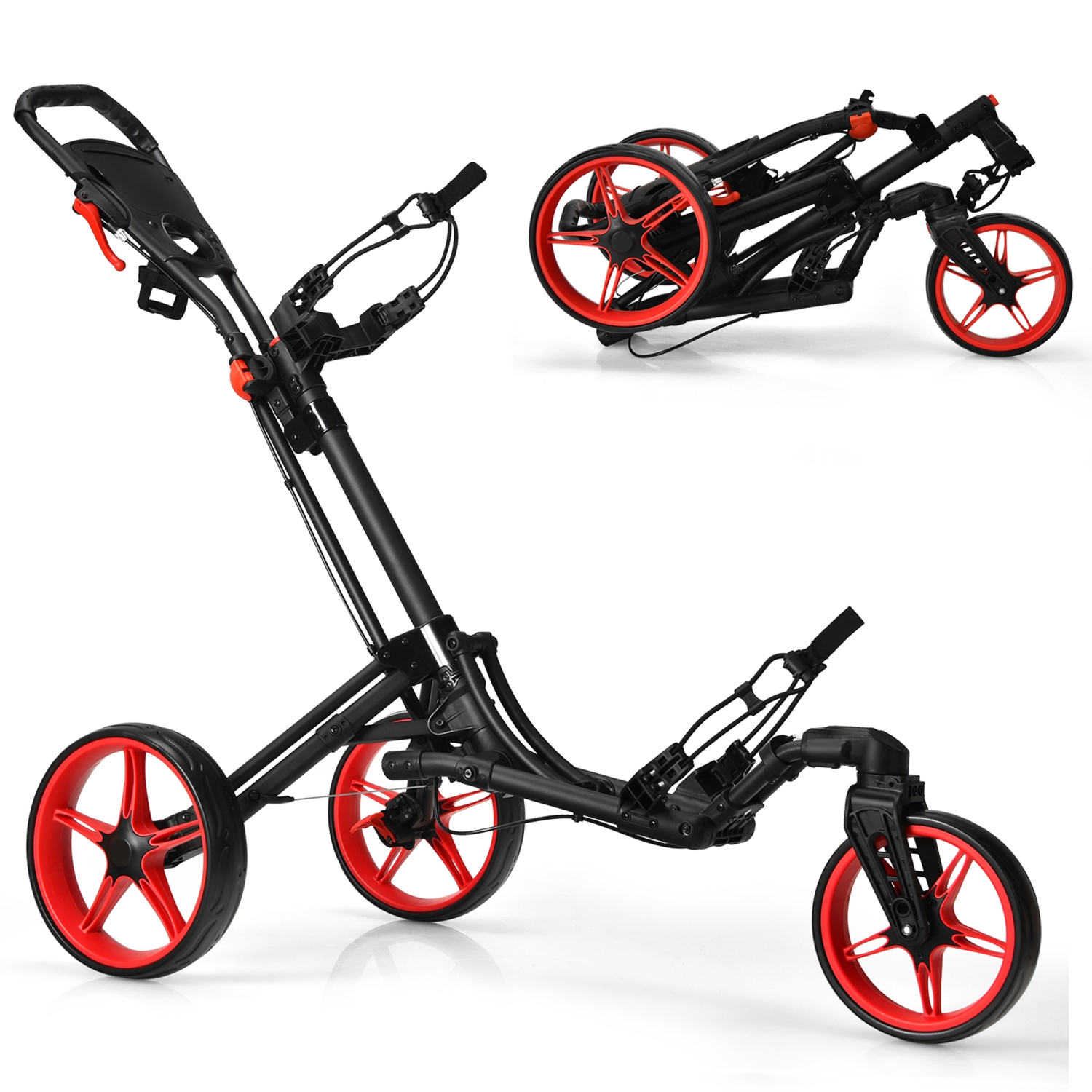 Gymax 3 Wheels Foldable Golf Push Pull Cart Trolley w/ Adjustable Handle Brake