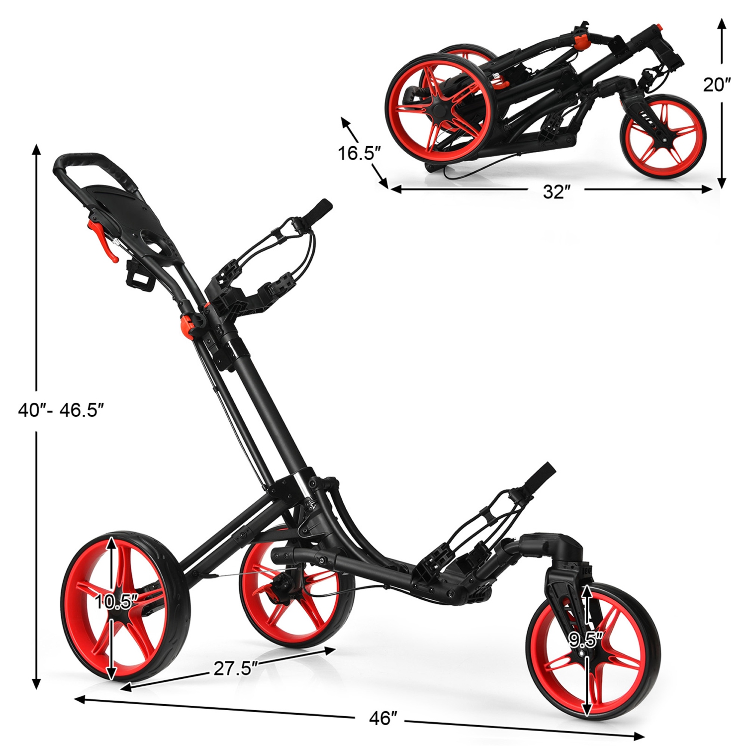 Gymax 3 Wheels Foldable Golf Push Pull Cart Trolley w/ Adjustable Handle Brake