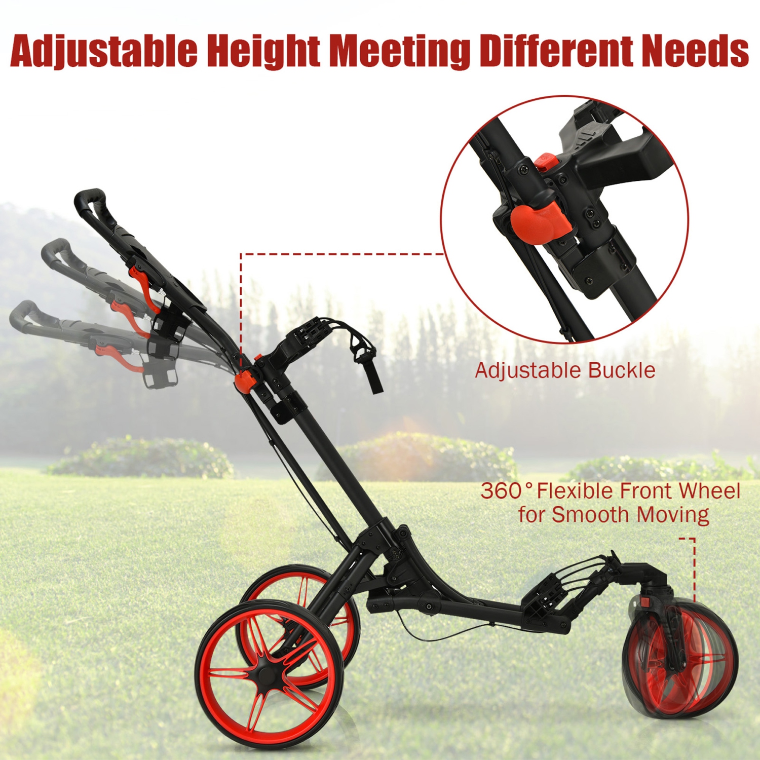 Gymax 3 Wheels Foldable Golf Push Pull Cart Trolley w/ Adjustable Handle Brake