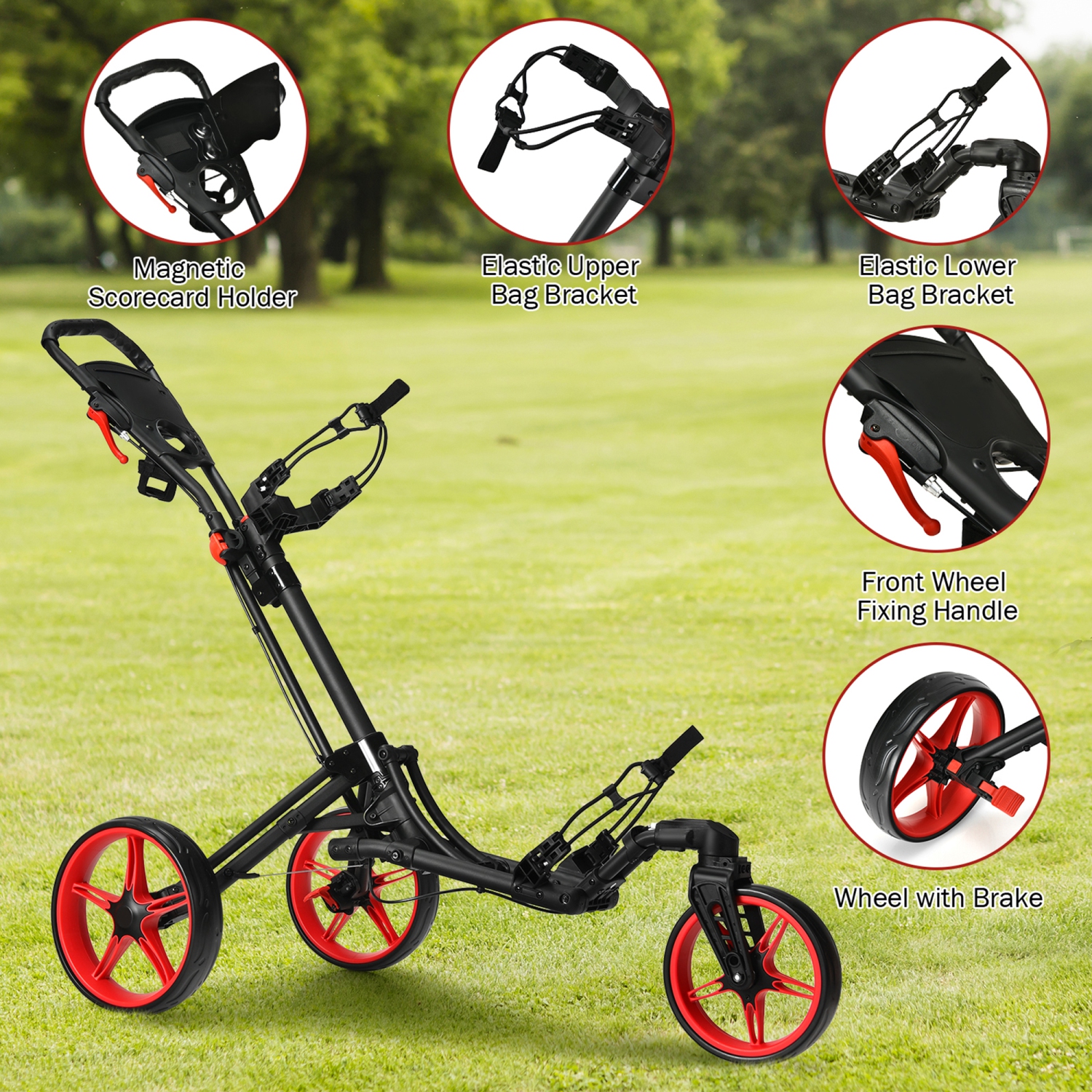 Gymax 3 Wheels Foldable Golf Push Pull Cart Trolley w/ Adjustable Handle Brake
