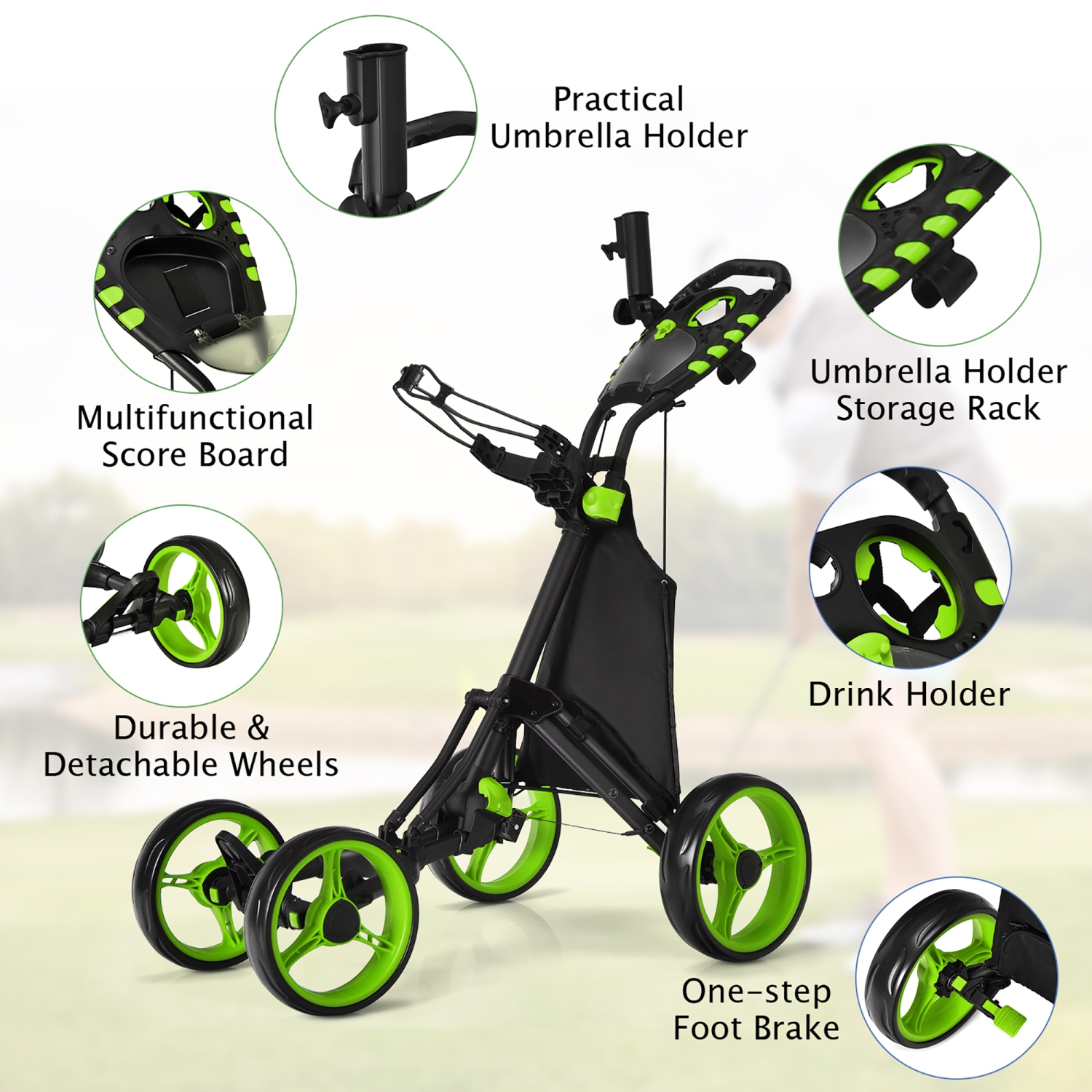 Chariot de golf repliable à 4 roues avec sac étanche au frein de Gymax