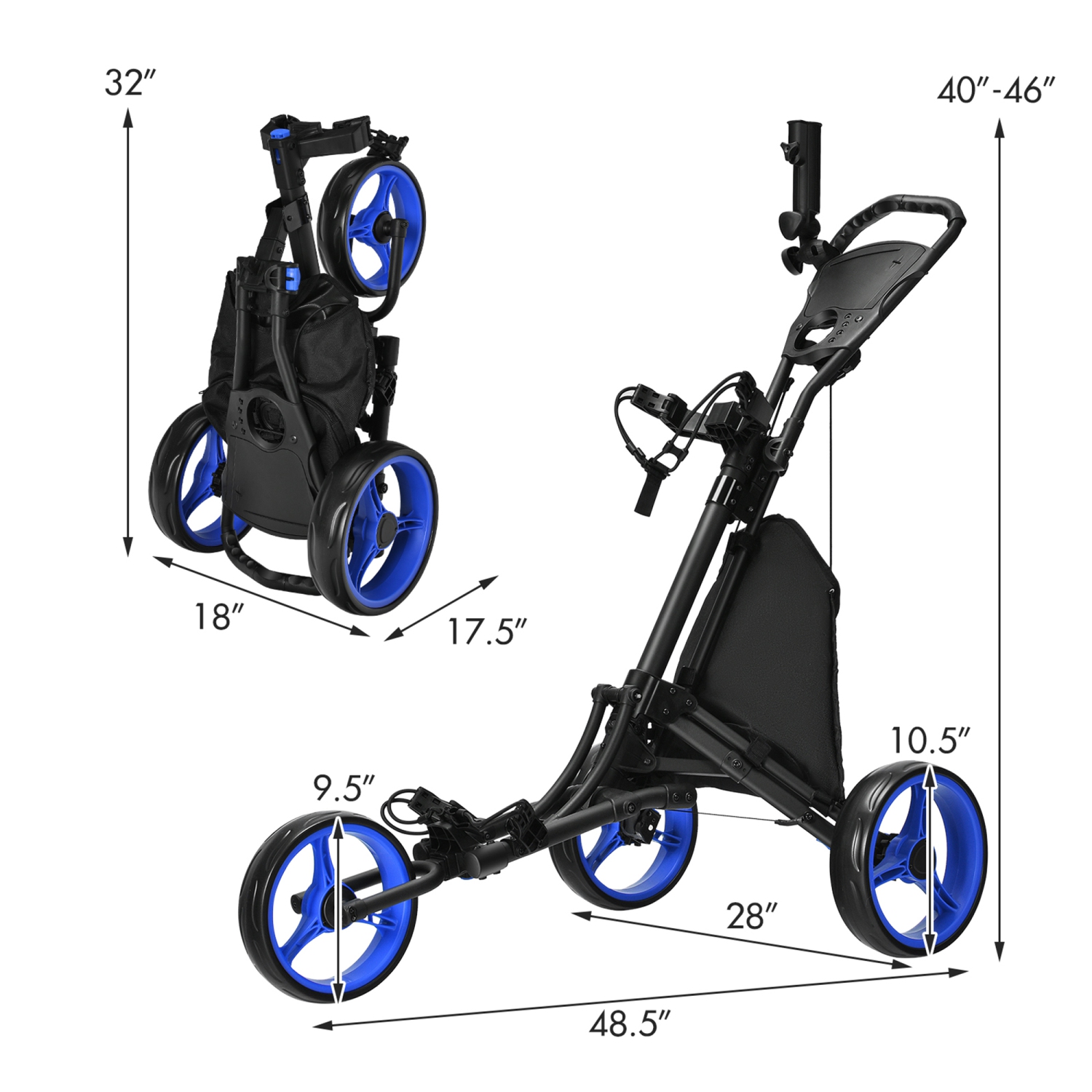 Gymax 3-Wheel Foldable Golf Push Pull Cart Trolley w/ Adjustable Handle