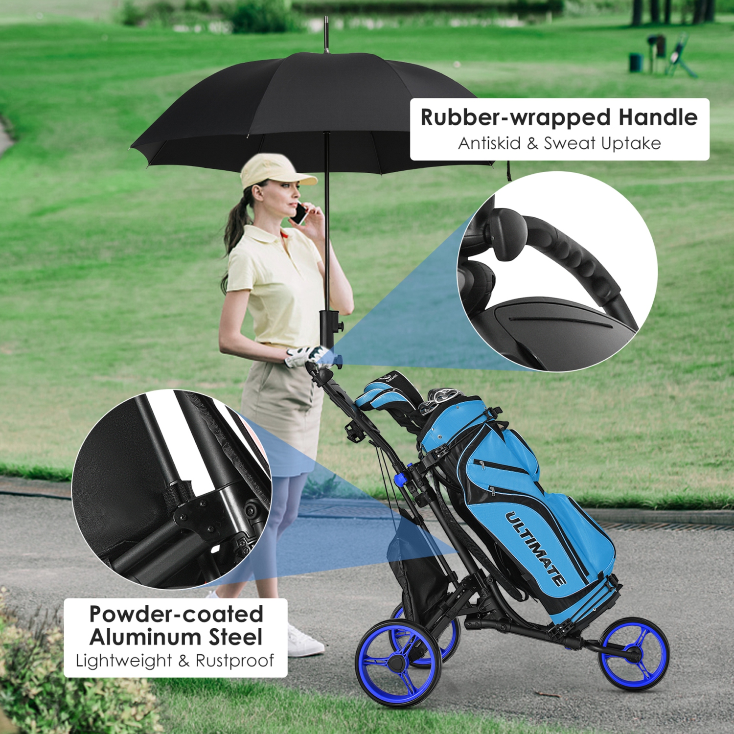 Gymax 3-Wheel Foldable Golf Push Pull Cart Trolley w/ Adjustable Handle