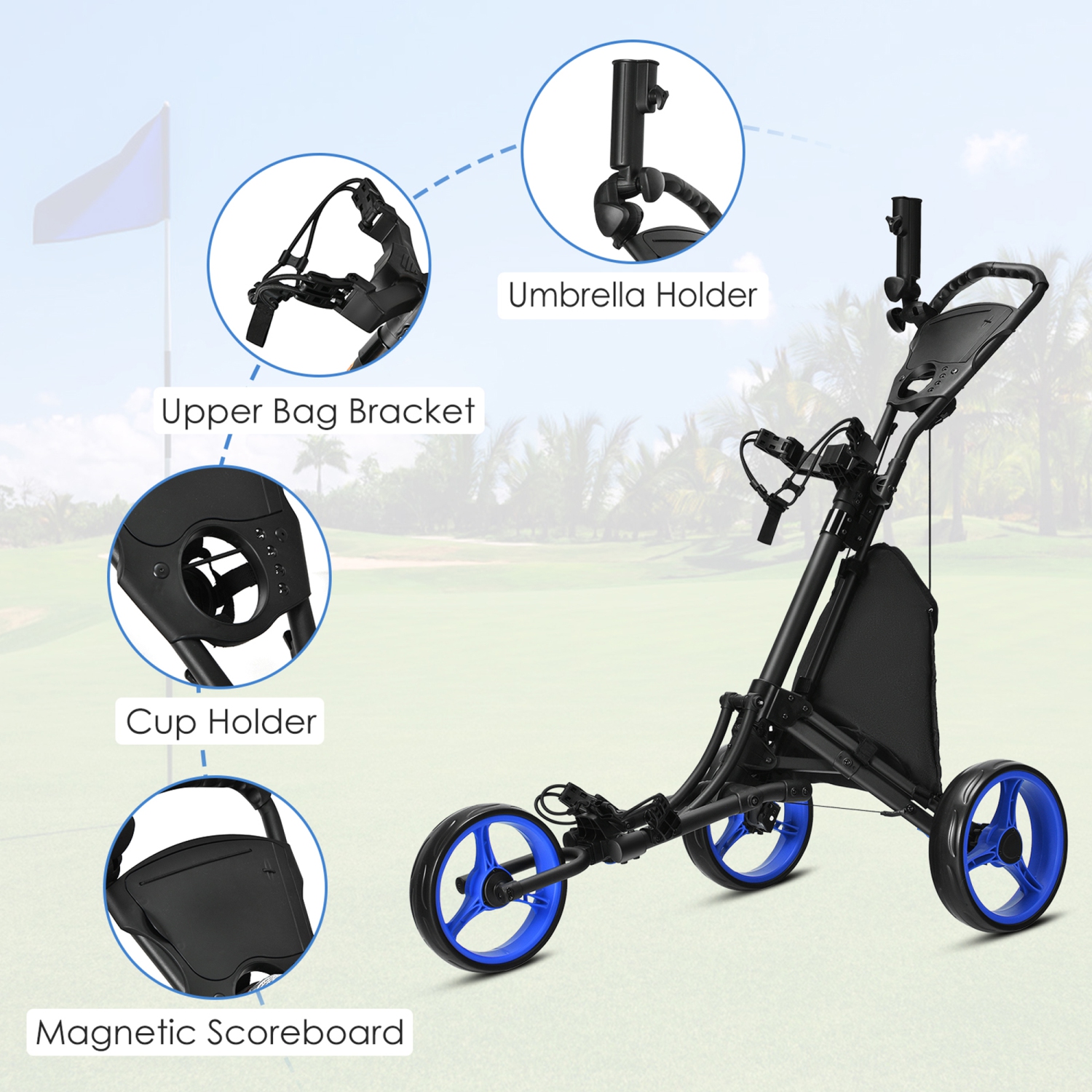 Gymax 3-Wheel Foldable Golf Push Pull Cart Trolley w/ Adjustable Handle