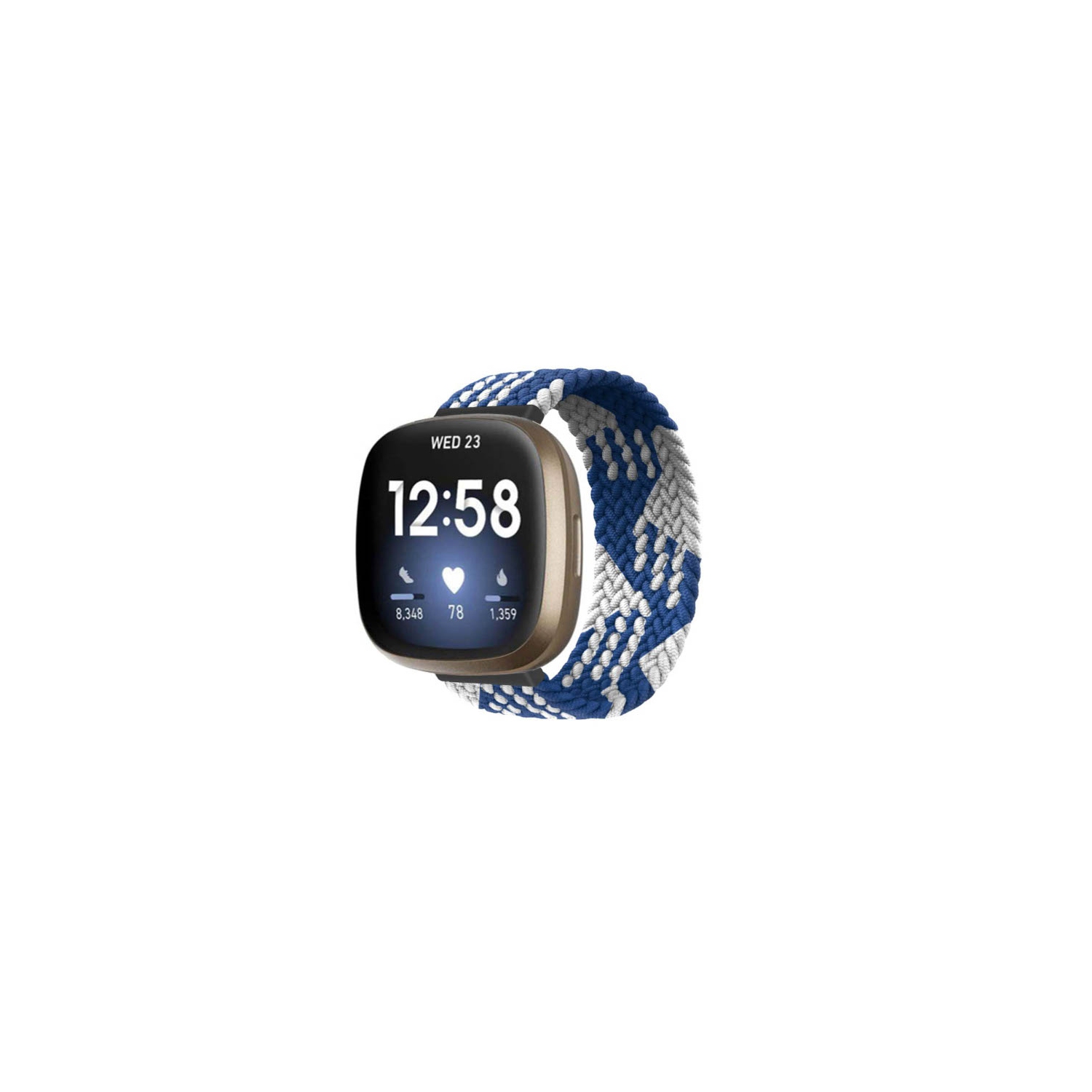 StrapsCo Patterned Elastic Nylon Watch Band Strap for Fitbit Sense - S - Fits 5.8" - 6.1" Wrist - Blue & White Buffalo